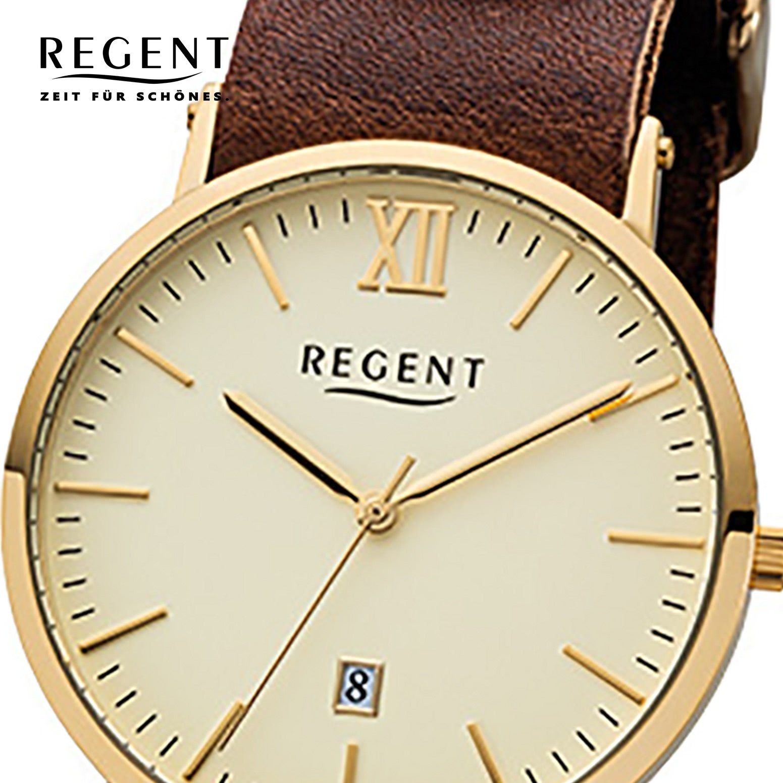 Regent Quarzuhr Regent Herren-Armbanduhr braun rund, groß 40mm), Armbanduhr Lederarmband, (ca. ionenplattiert gold Analog, Gehäuse Herren
