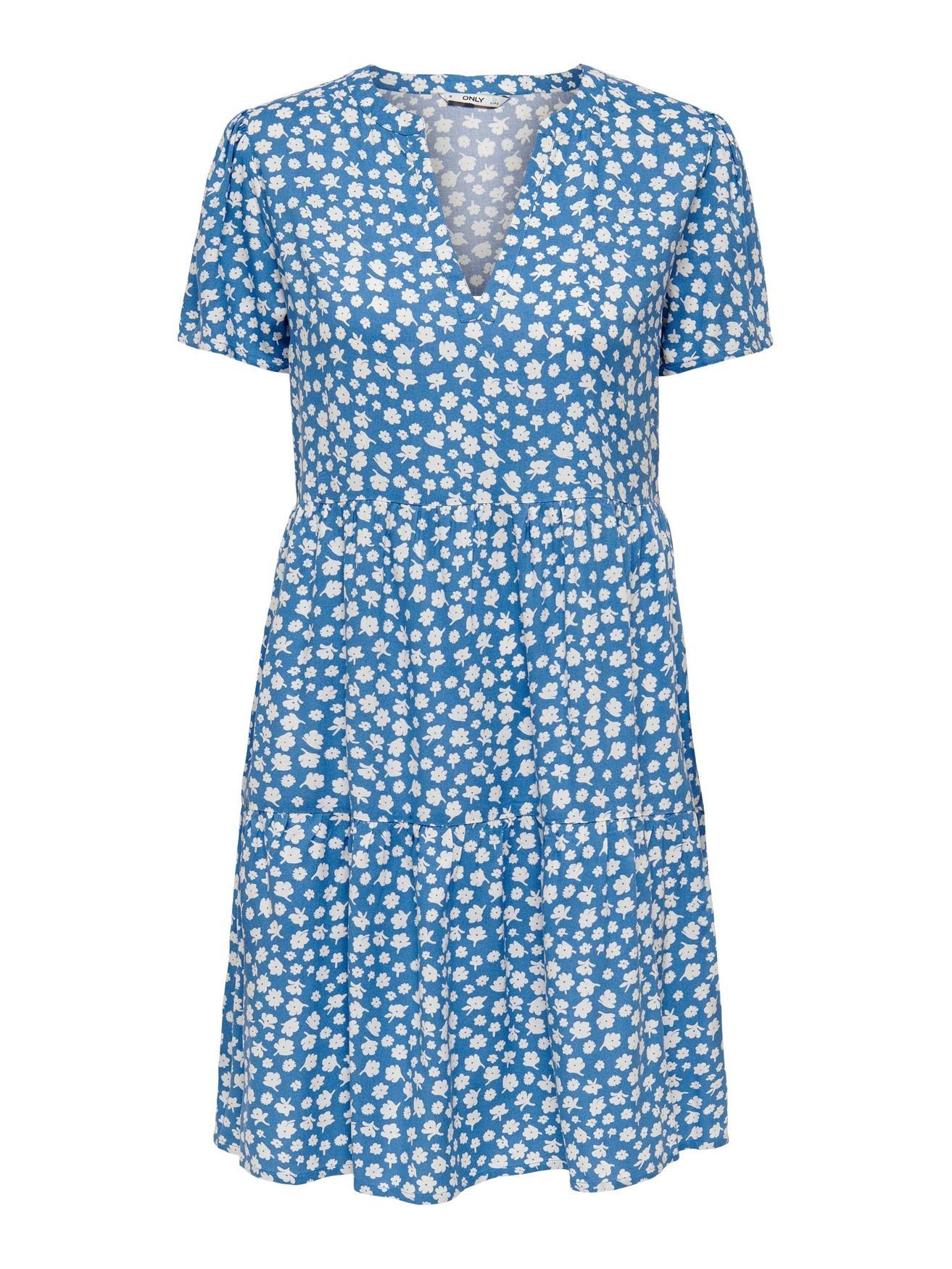 Kurzes ONLZALLY Blusen Shirtkleid (knielang) Kleid in 4928 ONLY Blau V-Ausschnitt