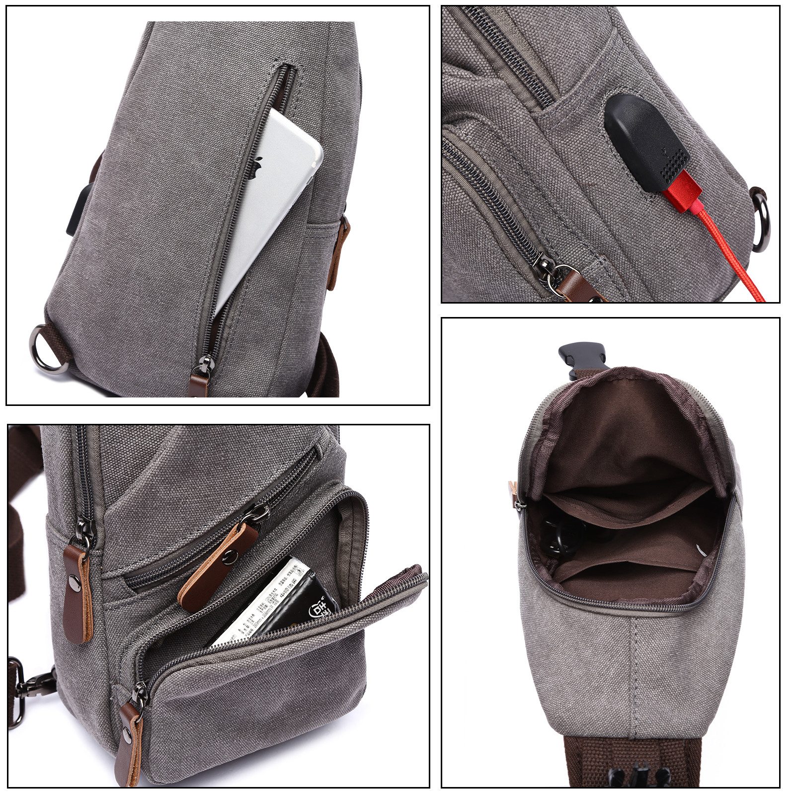 TAN.TOMI Umhängetasche Brusttasche Herren, Schultertasche Herren und Damen mit USB-Aufladung, Brusttasche, Canvas Brusttasche mit Verstellbaren Schultergurten