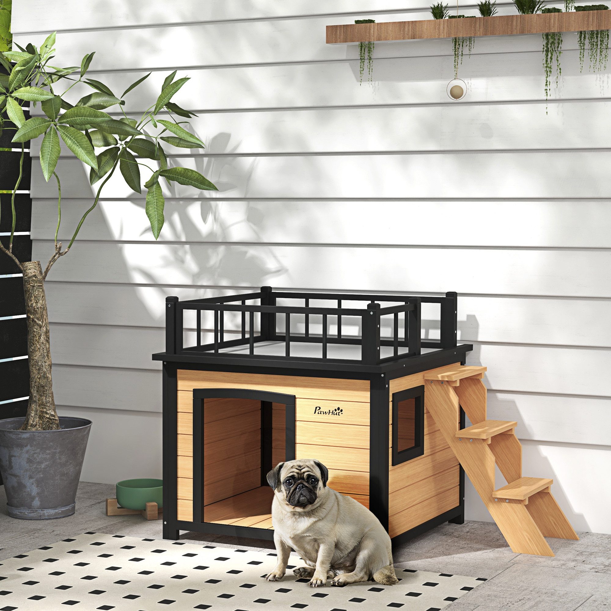 PawHut Hundehütte Hundehaus, Kleintierhaus mit Treppe, Fenster, Tannenholz, für Garten, Balkon, Gelb
