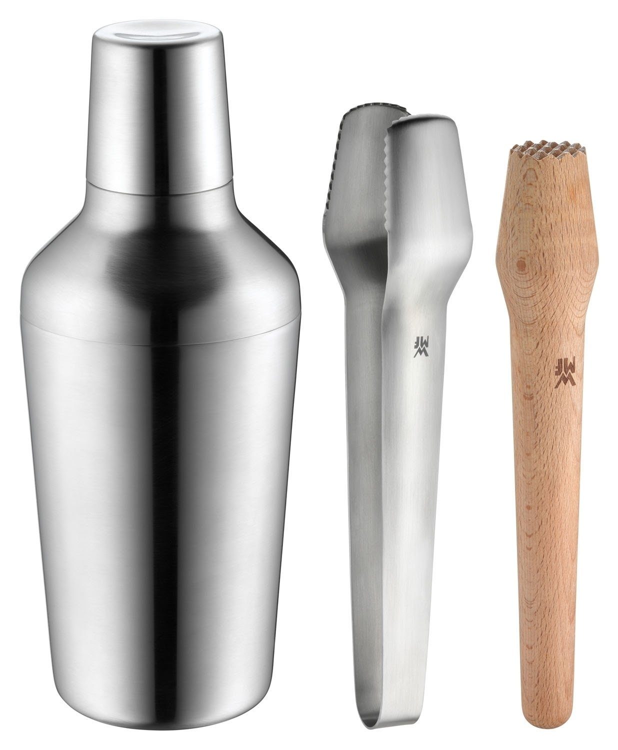 WMF Cocktail Shaker CLEVER & MORE, 700 ml, mit Stößel & Eiszange, Cromargan Edelstahl 18/10, Holz, (5-tlg), Barmaß für 2 cl und 4 cl, 1 Barsieb, Spülmaschinengeeignet