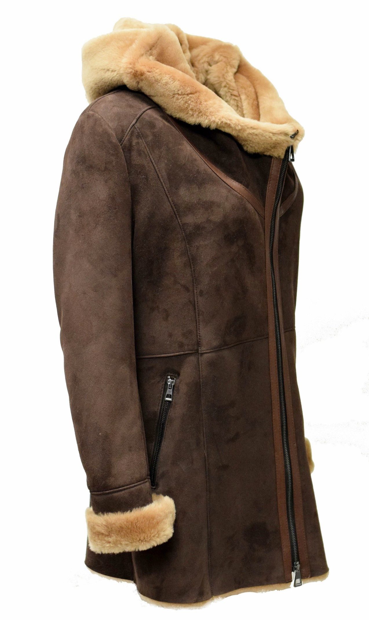 Zimmert Leather Lederjacke Flora weiches Lammfell, Wintermantel, Kapuze, Shearling, Schwarz, Braun – Bild 4 von 5