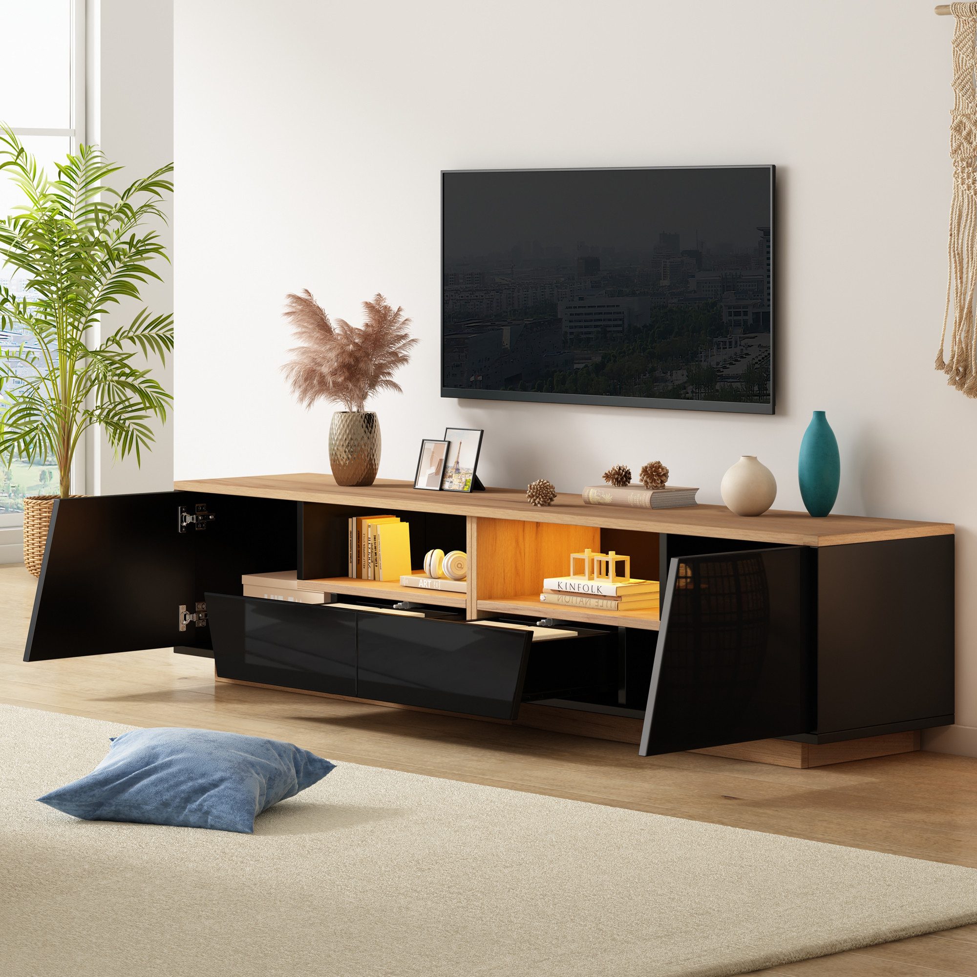 Merax Lowboard mit LED-Beleuchtung & Hochglanz-Front (perfekt für 75 Zoll TV, 1 St., 180x40x46 cm), TV-Schrank mit 2 Schubladen, 2 Schränke und halboffene Ablagefächer