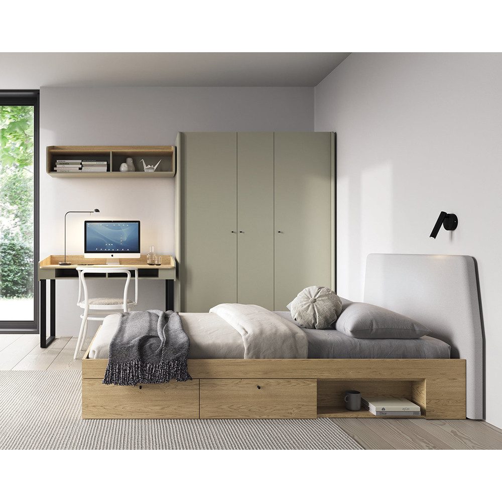 Lomadox Jugendzimmer-Set ALAMO-133, (Sparset, 4-tlg., Kleiderschrank Wandregal Schreibtisch Bettgestell), grün mit Eiche Nb., 120x200cm Liegefläche, viel Stauraum