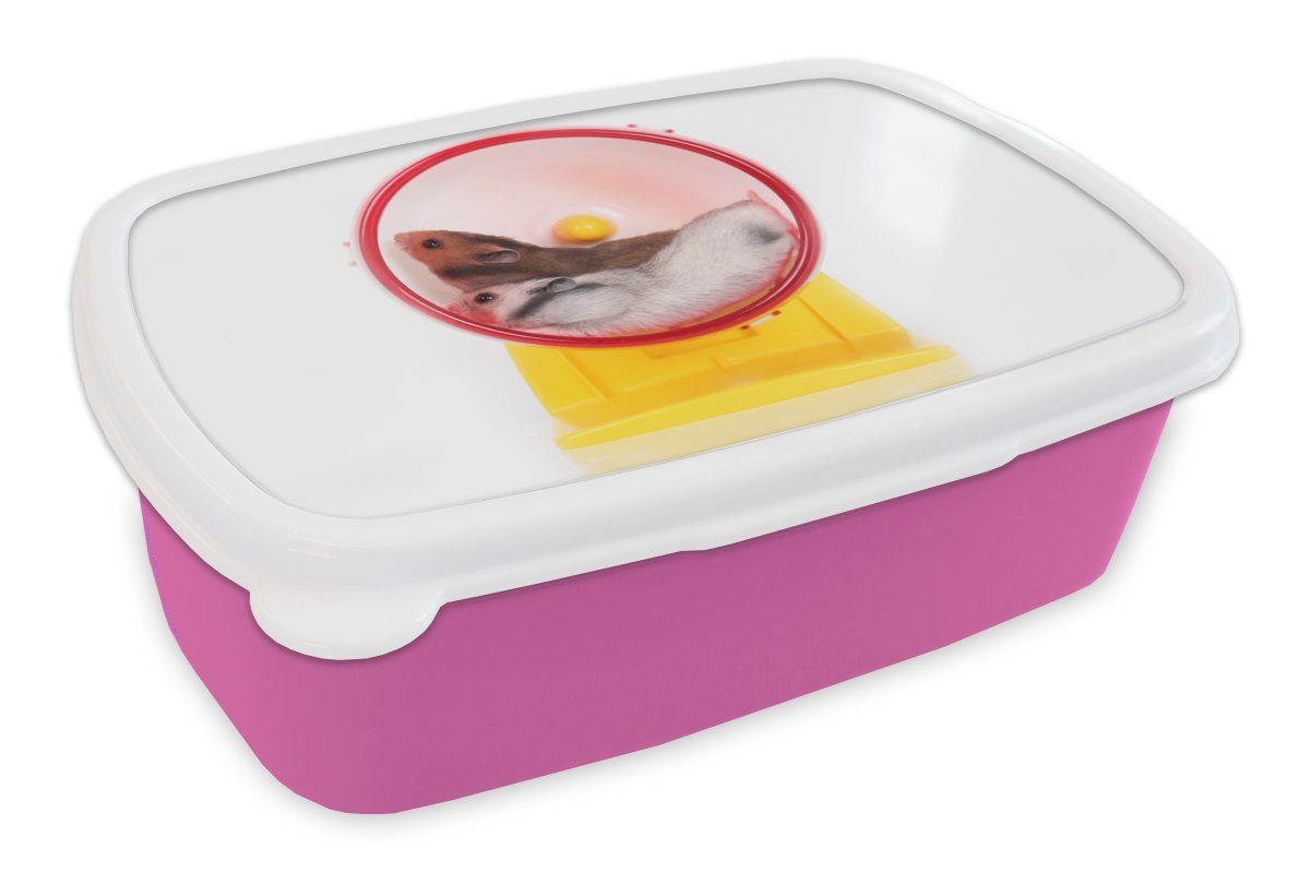 MuchoWow Lunchbox Hamster im Laufrad, Kunststoff, (2-tlg), Brotbox für Erwachsene, Brotdose Kinder, Snackbox, Mädchen, Kunststoff rosa