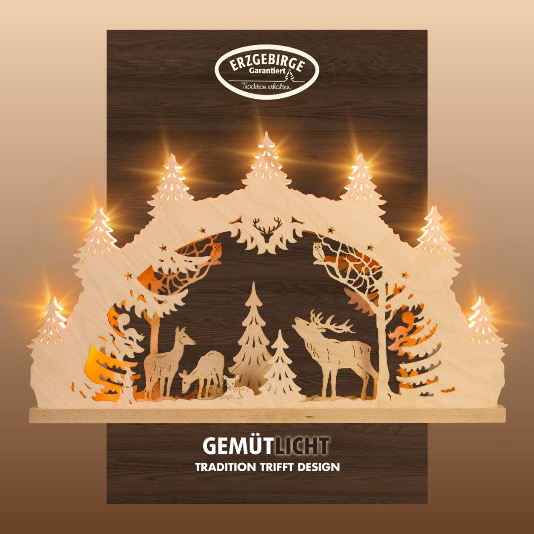 Weigla LED Schwibbogen Hirschfamilie, Lichterbogen aus Holz, NATUR, Made in Germany (1-tlg), Erzgebirge garantiert, Weihnachtsdeko Innen, Weihnachtsbeleuchtung