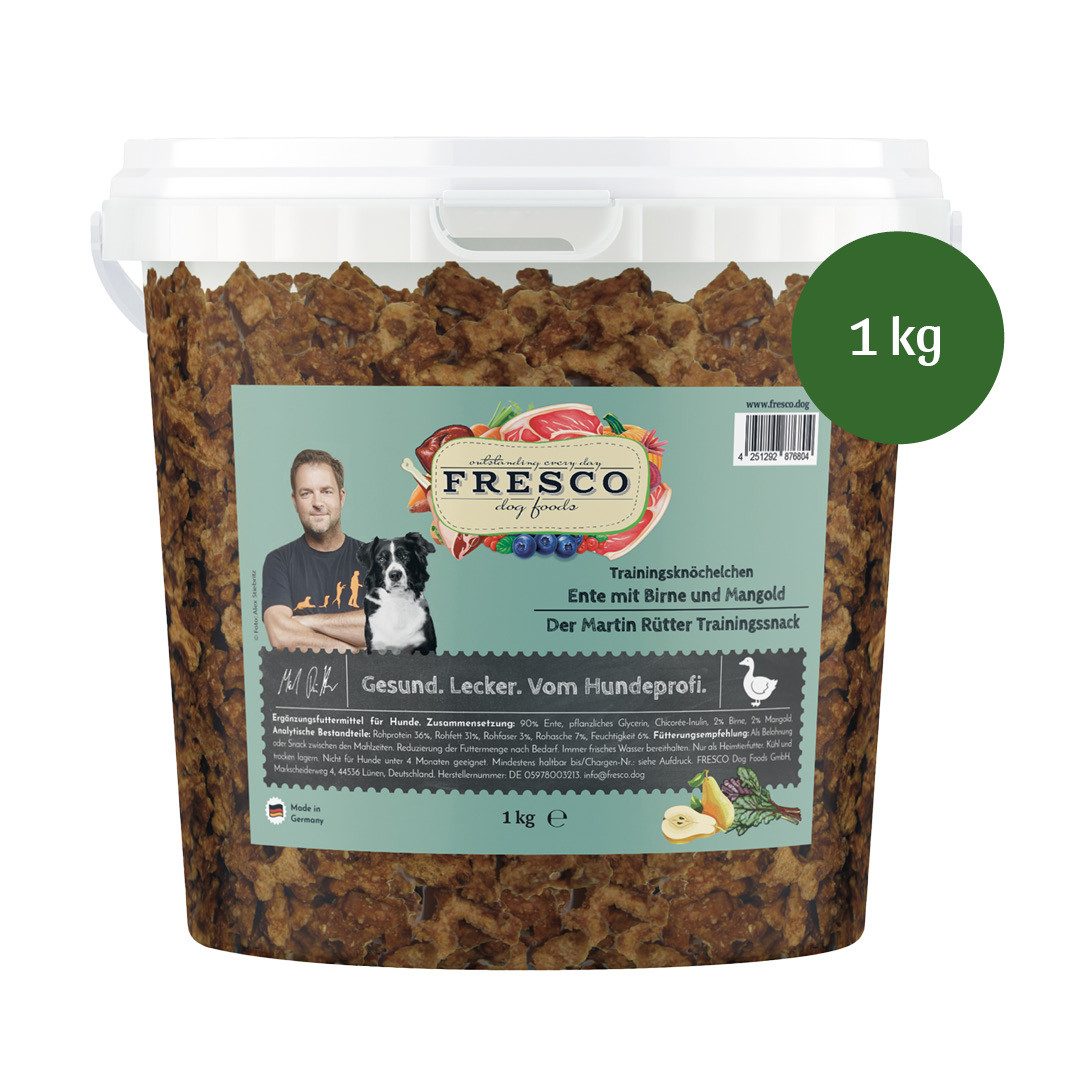 Fresco Dog Martin Rütter Trainingsknöchelchen 1kg Hunde Leckerli, Ente mit Birne & Mangold, Snack für: Hunde, Getreidefrei, zuckerfrei & hoher Fleischanteil