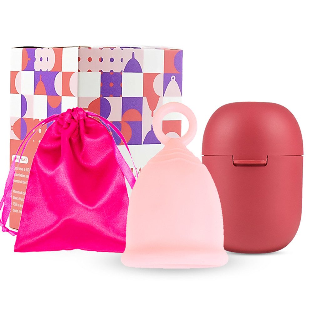 Tekoo Menstruationstasse Menstruationstassen Set mit Aufbewahrungsbeutel, 32 ml, L Gr., Mit innovativem Ring-Griff für besonders leichtes Entfernen