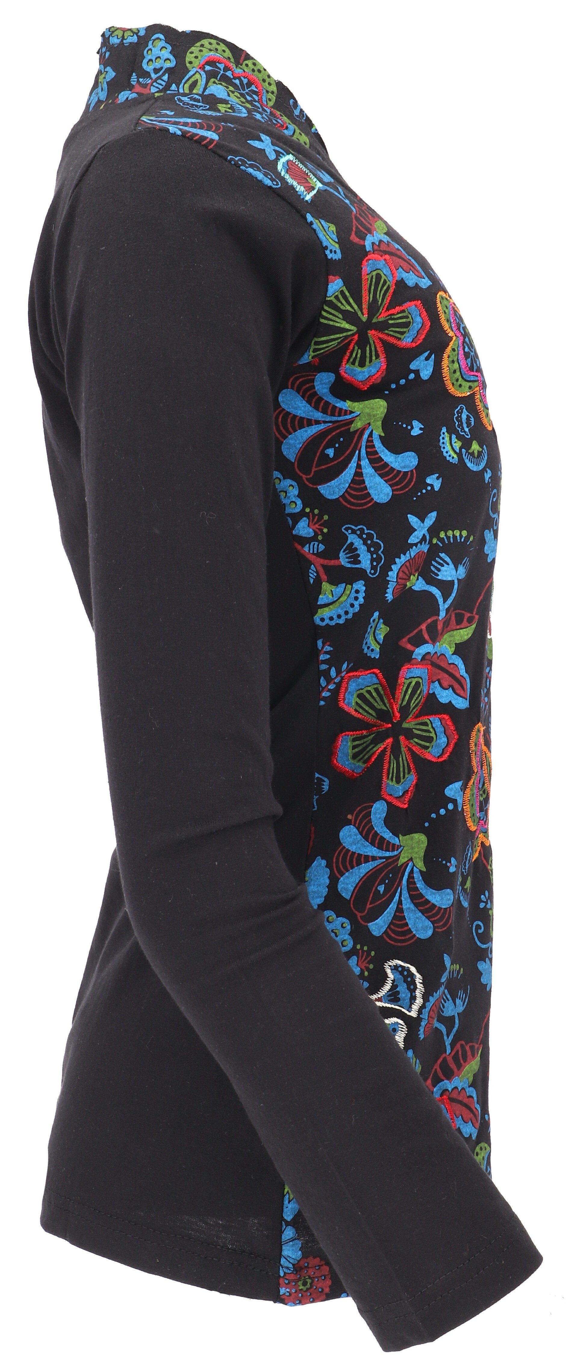 Guru-Shop Longsleeve Besticktes Langarmshirt mit V-Neck Flower Power.. alternative Bekleidung