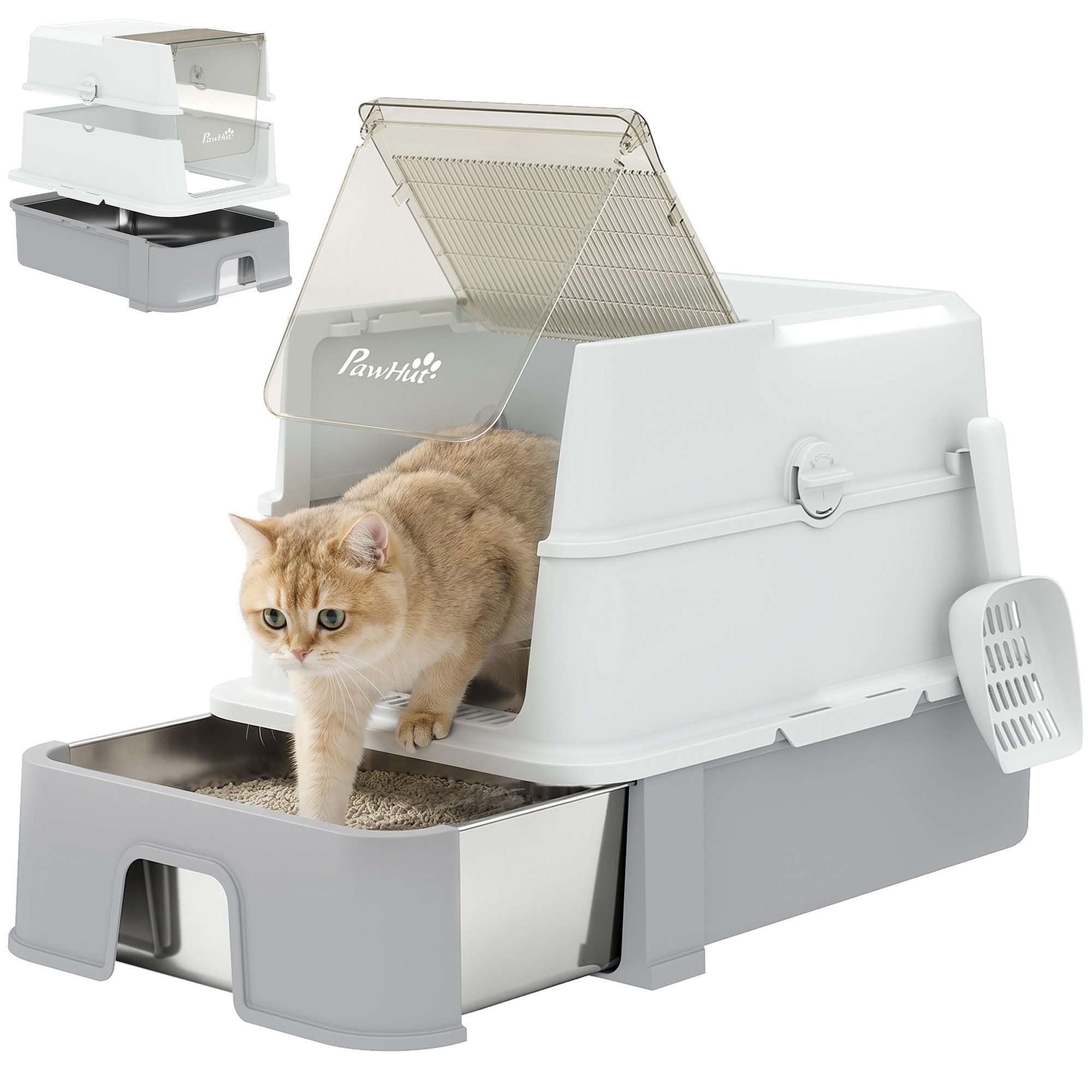 PawHut Katzentoilette Katzenstreubox mit Schaufel, herausziehbare Wanne, ausziehbare Edelstahlwanne, große Kapazität, geruchshemmend