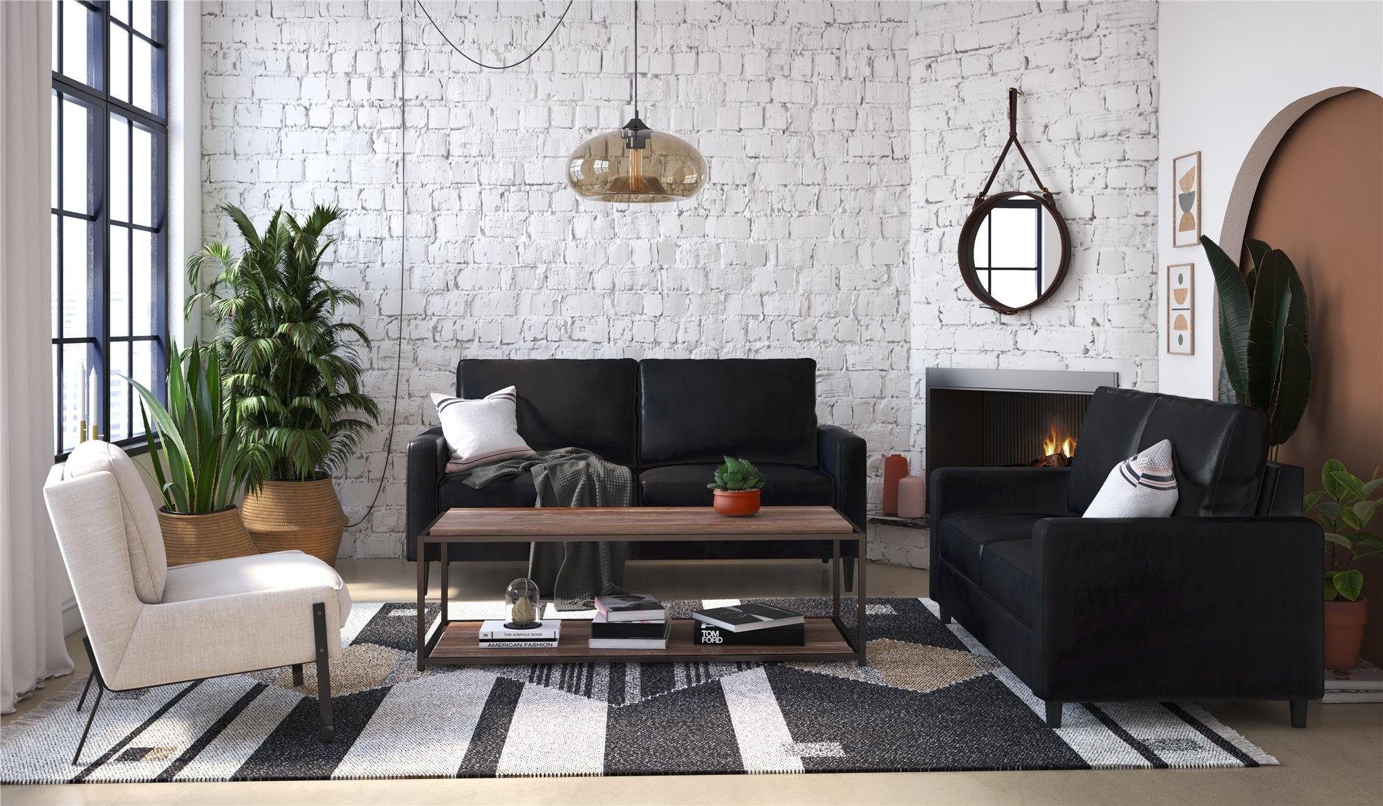 Bezug Couch, cm in 3-Sitzer, Länge Wainwright, schwarz Lederoptik, Sofa 183 loft24
