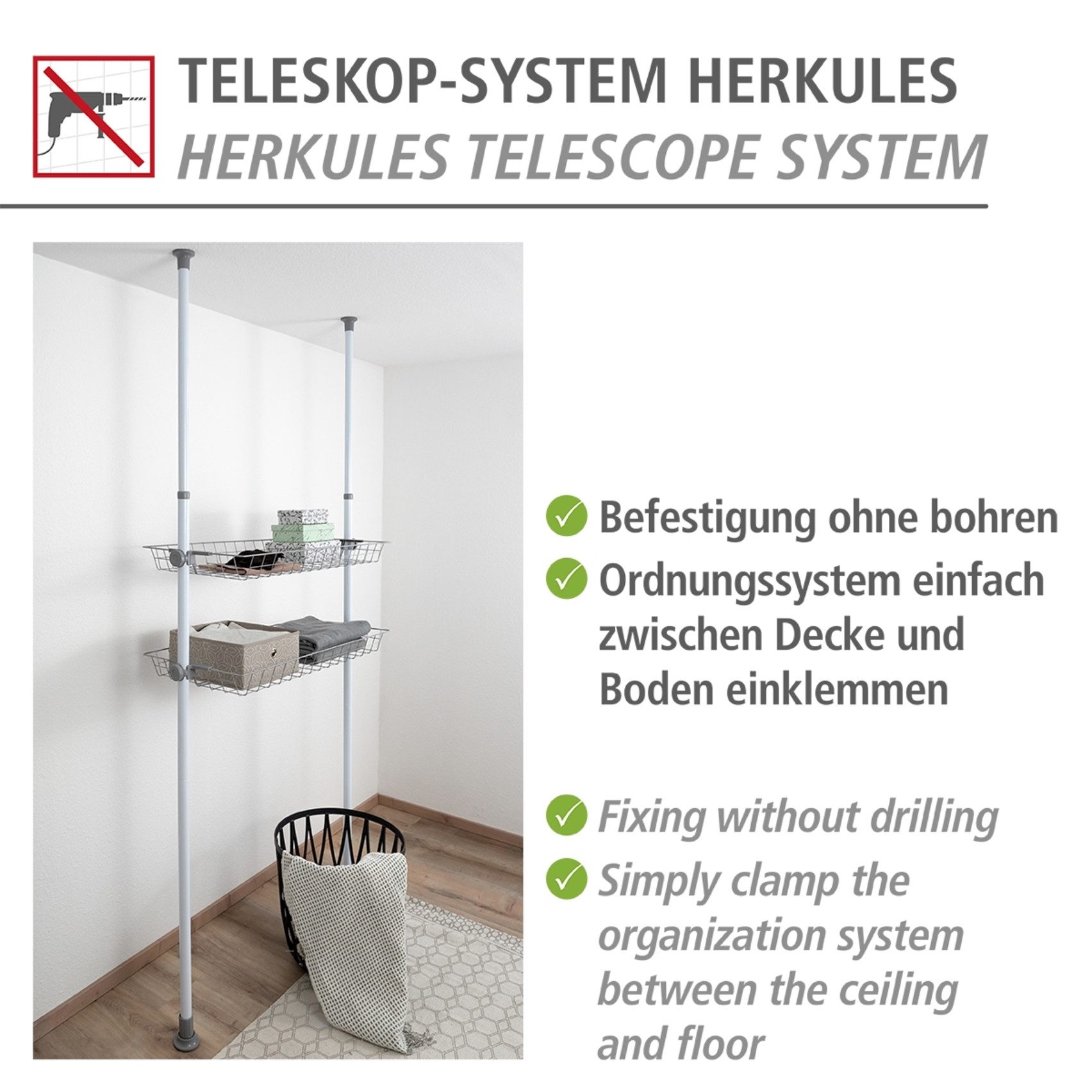 WENKO Organizer Modell Herkules (Set, 2 St), Drahtkörbe aus Stahl, Erweiterung zum Teleskop-System Herkules