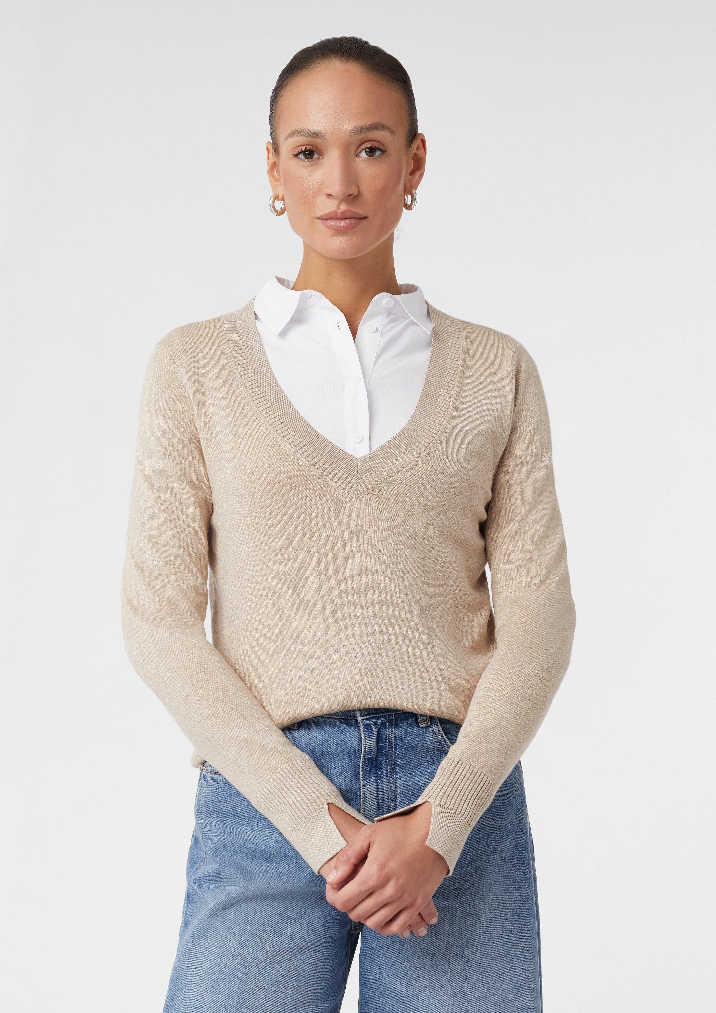 comma Langarmshirt Strickpullover mit V-Ausschnitt und günstig online kaufen