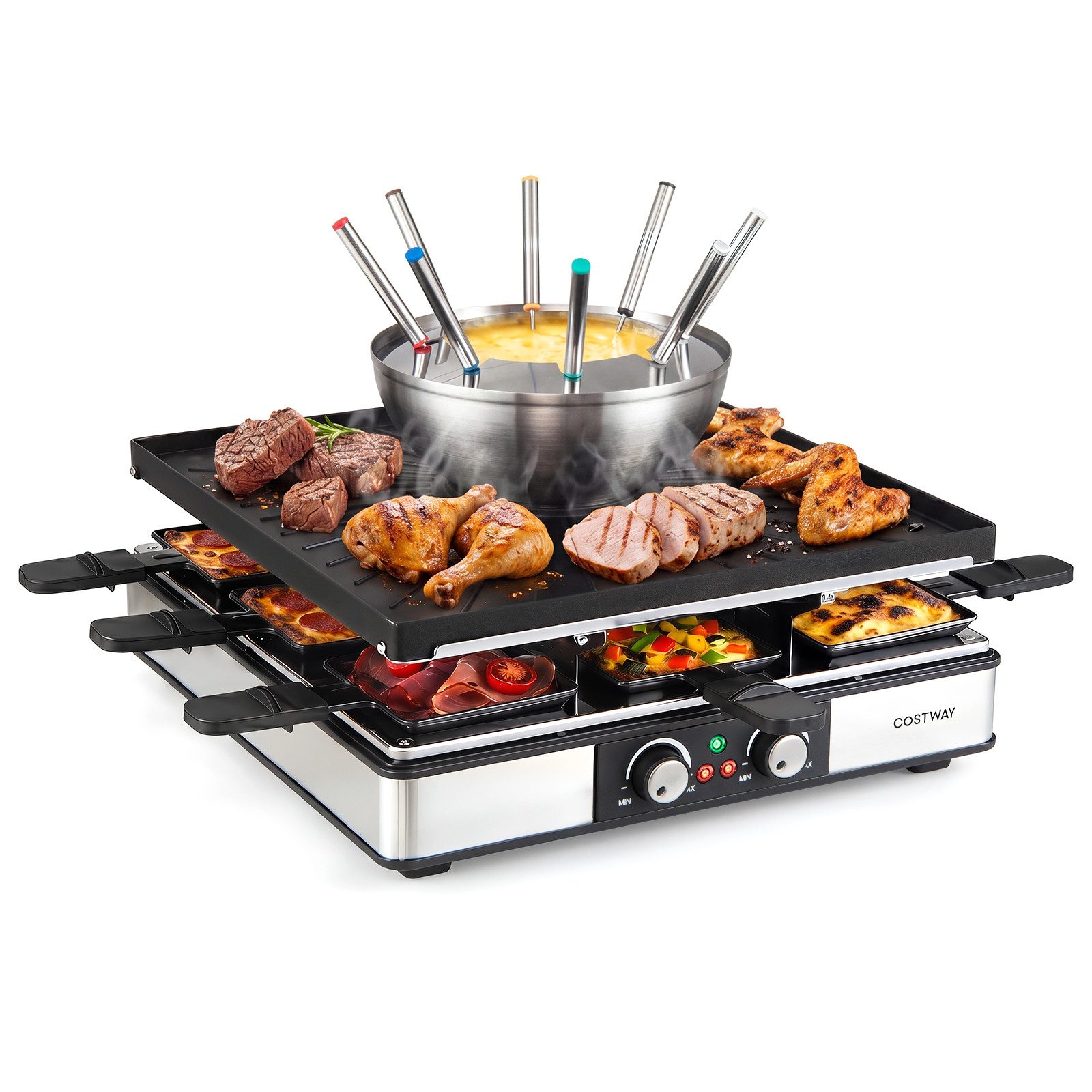 COSTWAY Raclette, 8 Raclettepfännchen, 2200 W, doppelter Thermostate, Fondue