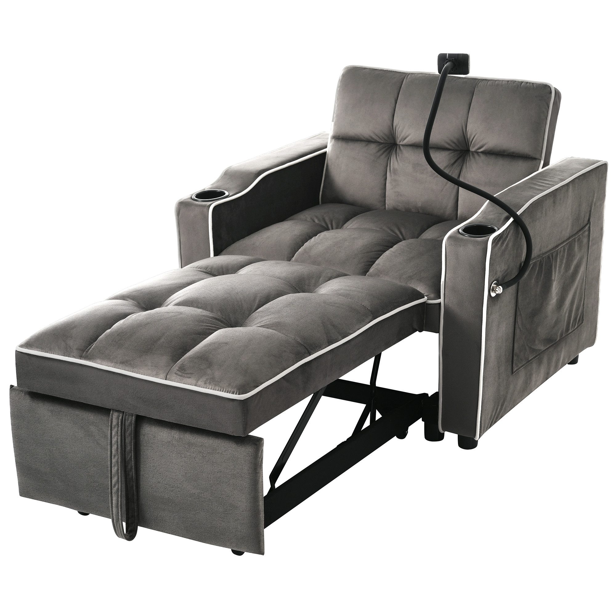 Merax Schlafsofa mit 3-in-1 Bettfunktion, 1 Teile, Loungesessel mit Getränke- & Handyhalter, Ausziehbares Sofa Liegestuhl