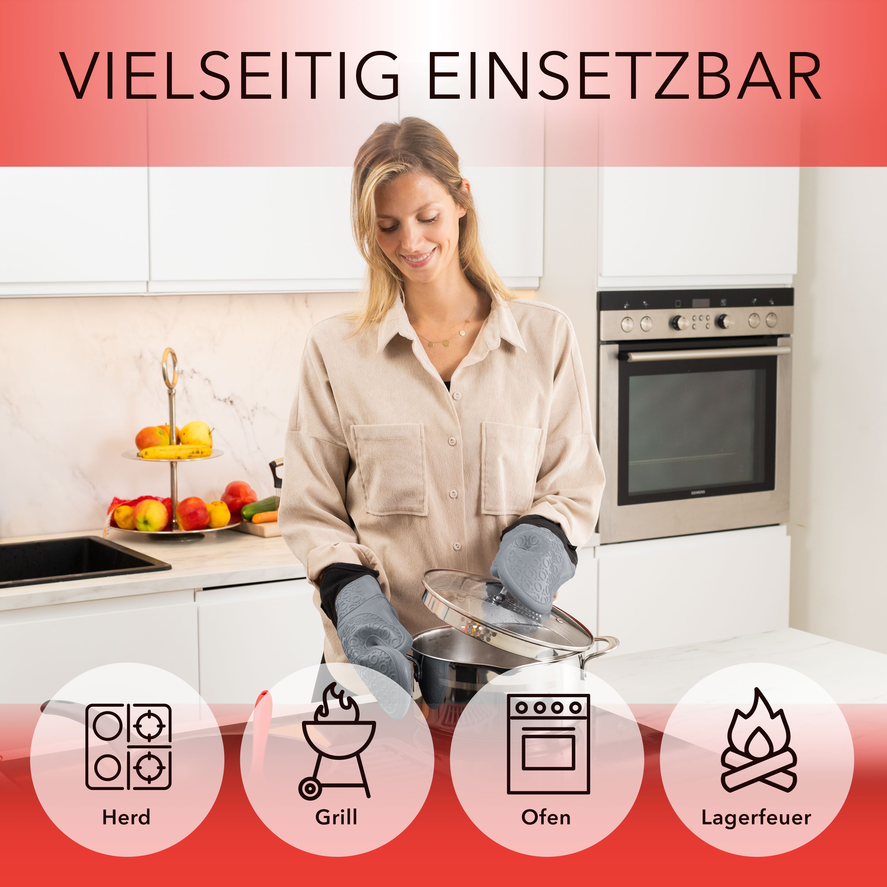 AVANA Topfhandschuhe Silikon Ofenhandschuhe Backhandschuhe Kochhandschuhe, (1 Paar Ofenhandschuhe aus Silikon), weiches Baumwoll-Innenfutter, Anti-Rutsch, Hitze – Bild 5 von 5