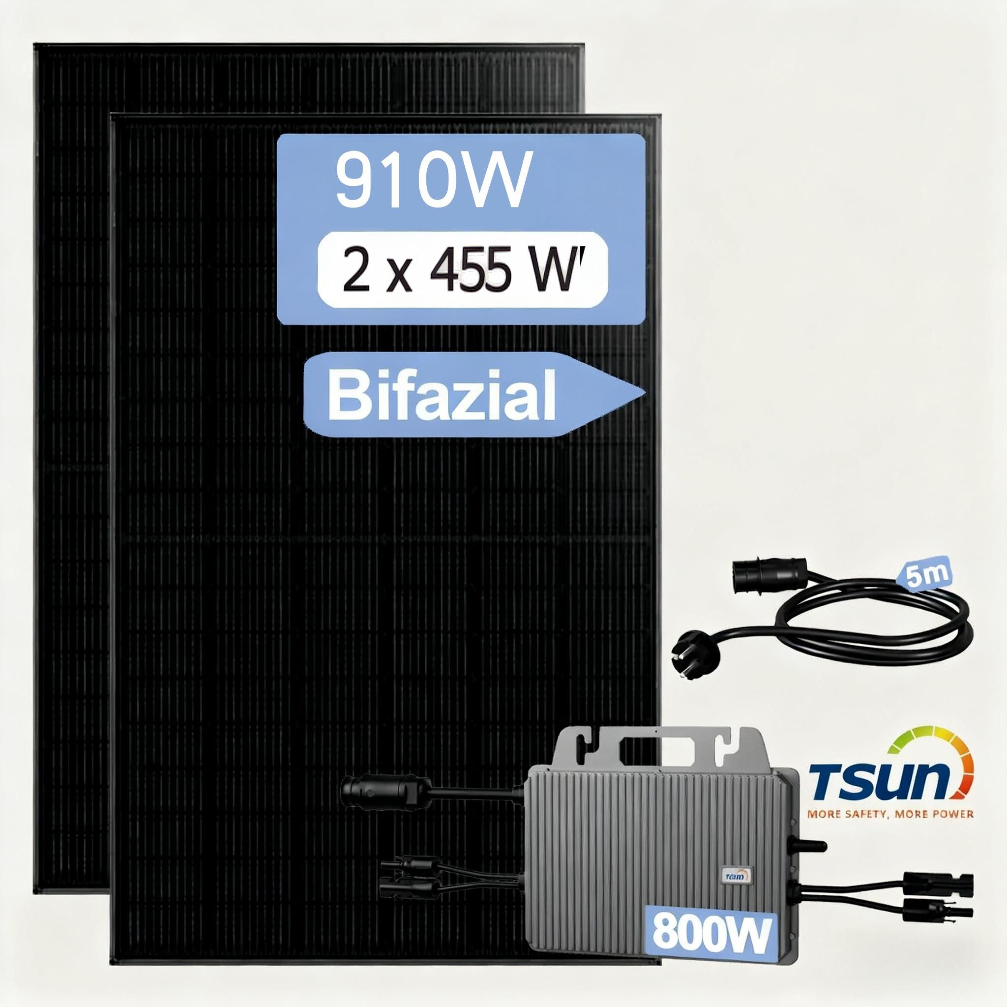 Tsun Balkonkraftwerk 910W Balkonkraftwerke TSUN Microinverter mit/ohne Anker SOLIX E1600, 450 W, Monokristallin, (Set, 2x 455W Solar Module+1 x Tsun 800W Microinverter+0/1 Anker Solix E1600), IP65