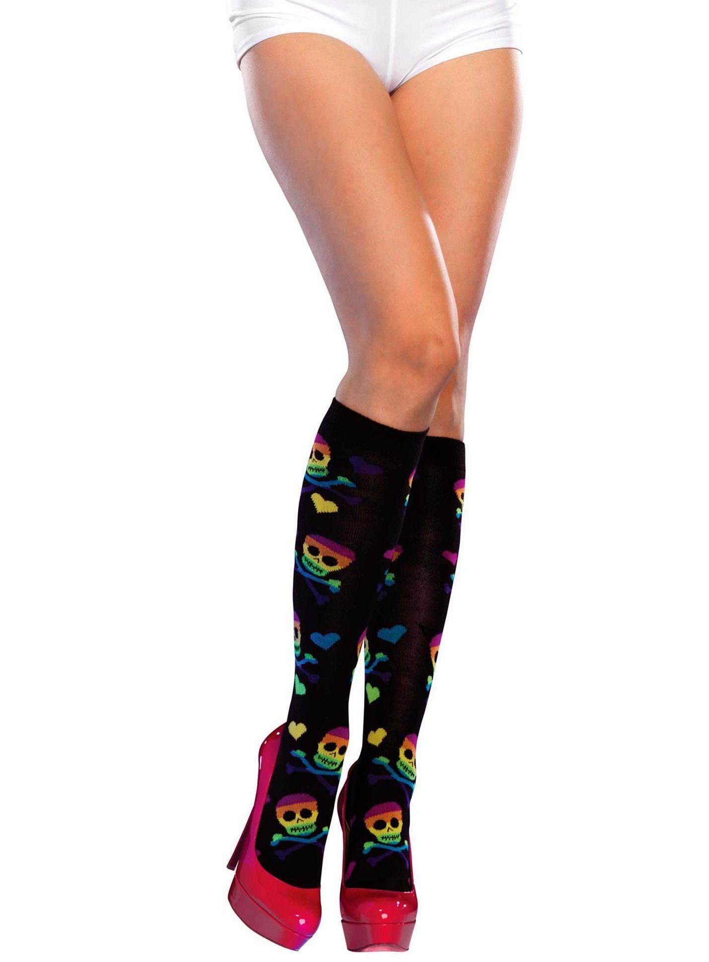 Leg Avenue Kniestrümpfe Totenkopf Kniestrümpfe für Halloween Kostüm Damen Skelettstrümpfe mit Schädeln in Regenbogenfarben