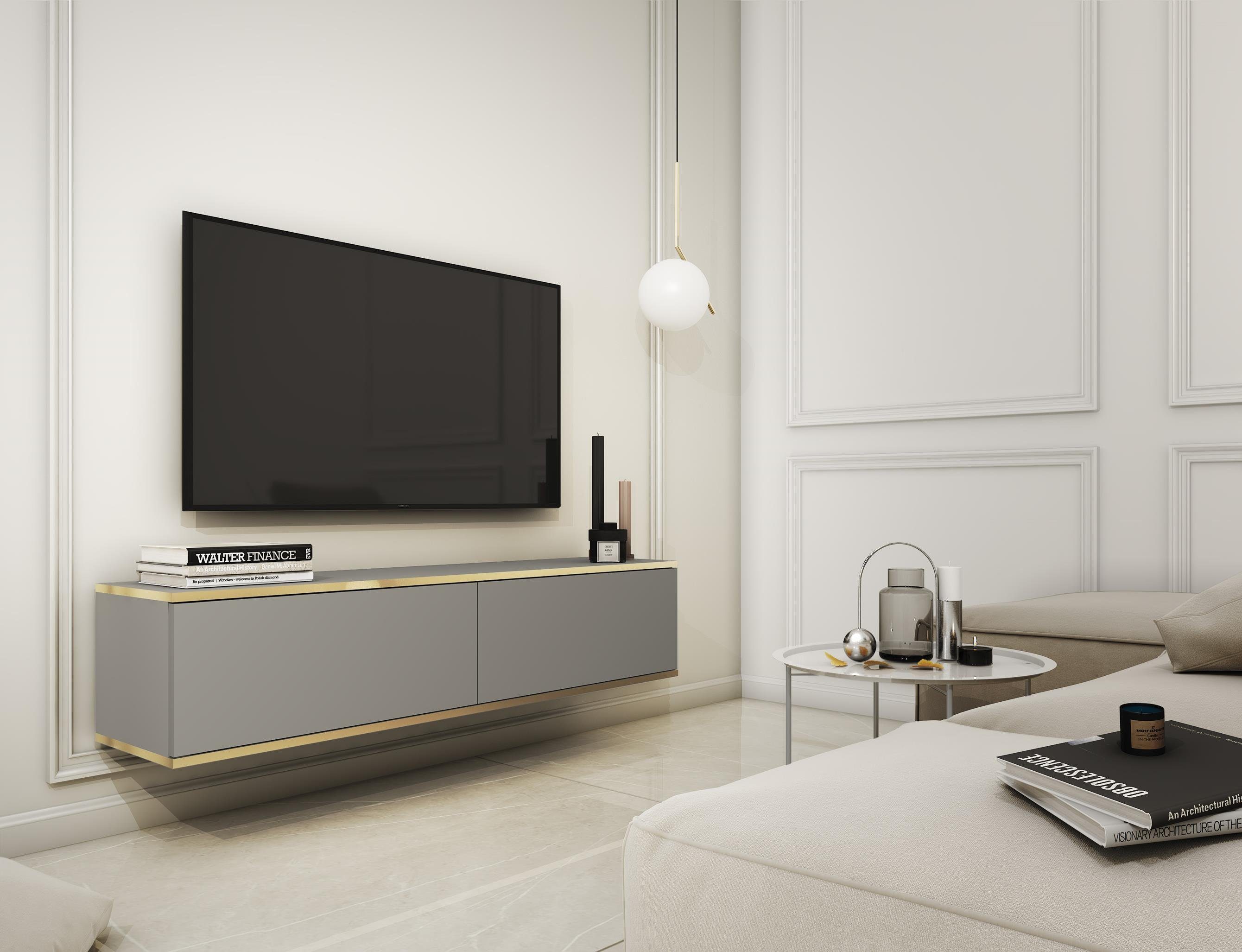 Furnix TV-Board LIWIA 135 TV-Schrank, Fernsehschrank mit Zierleisten, B135 x H30 x T32 cm Grau/Gold