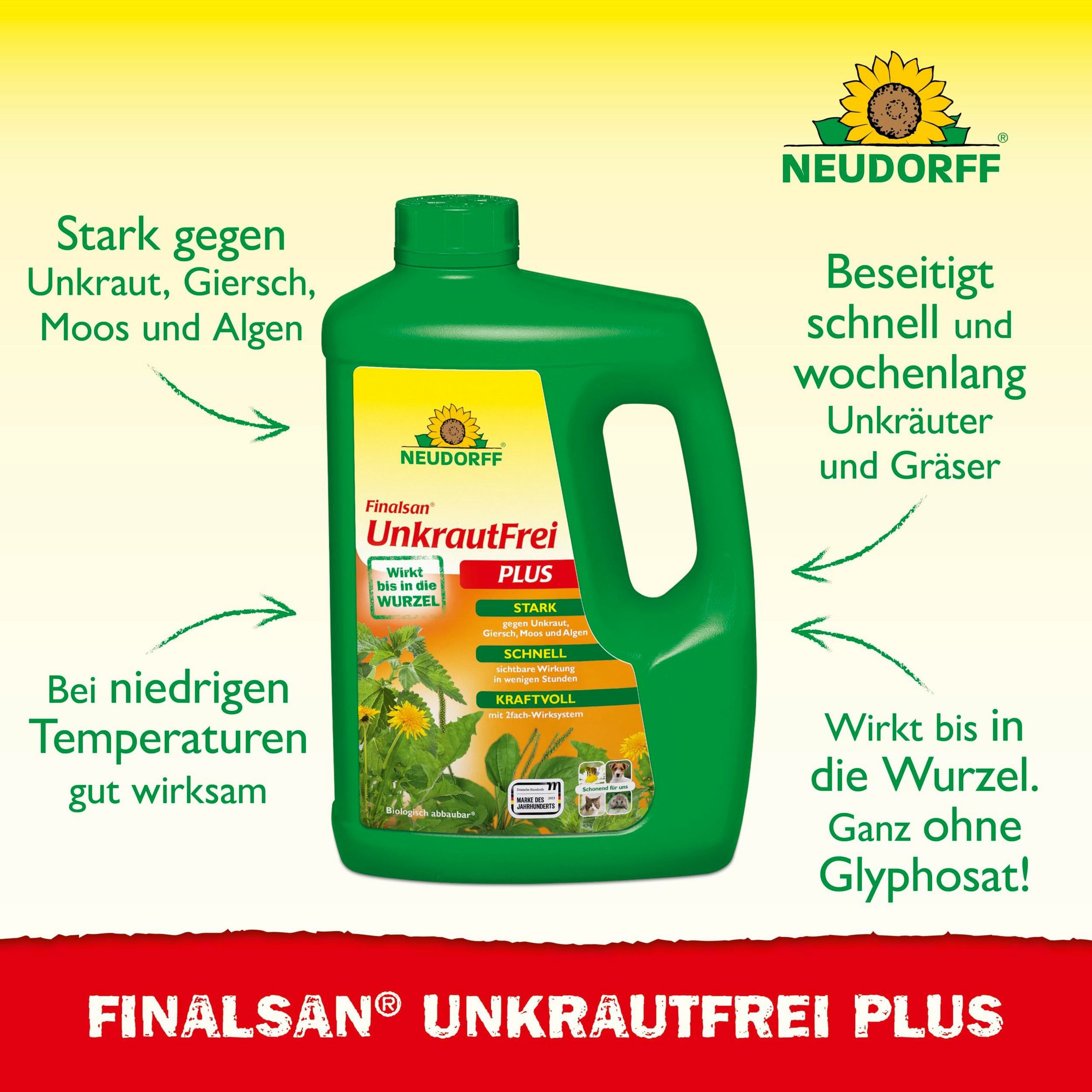 Neudorff Unkrautbekämpfungsmittel Finalsan UnkrautFrei Plus Konzentrat 2x 2 l, 2 St., 2-teiliges Set, 2 x 2 l Finalsan UnkrautFrei Plus Konzentrat, Glyphosatfreies Konzentrat mit 2-fach-Wirksystem bis in die Wurzel