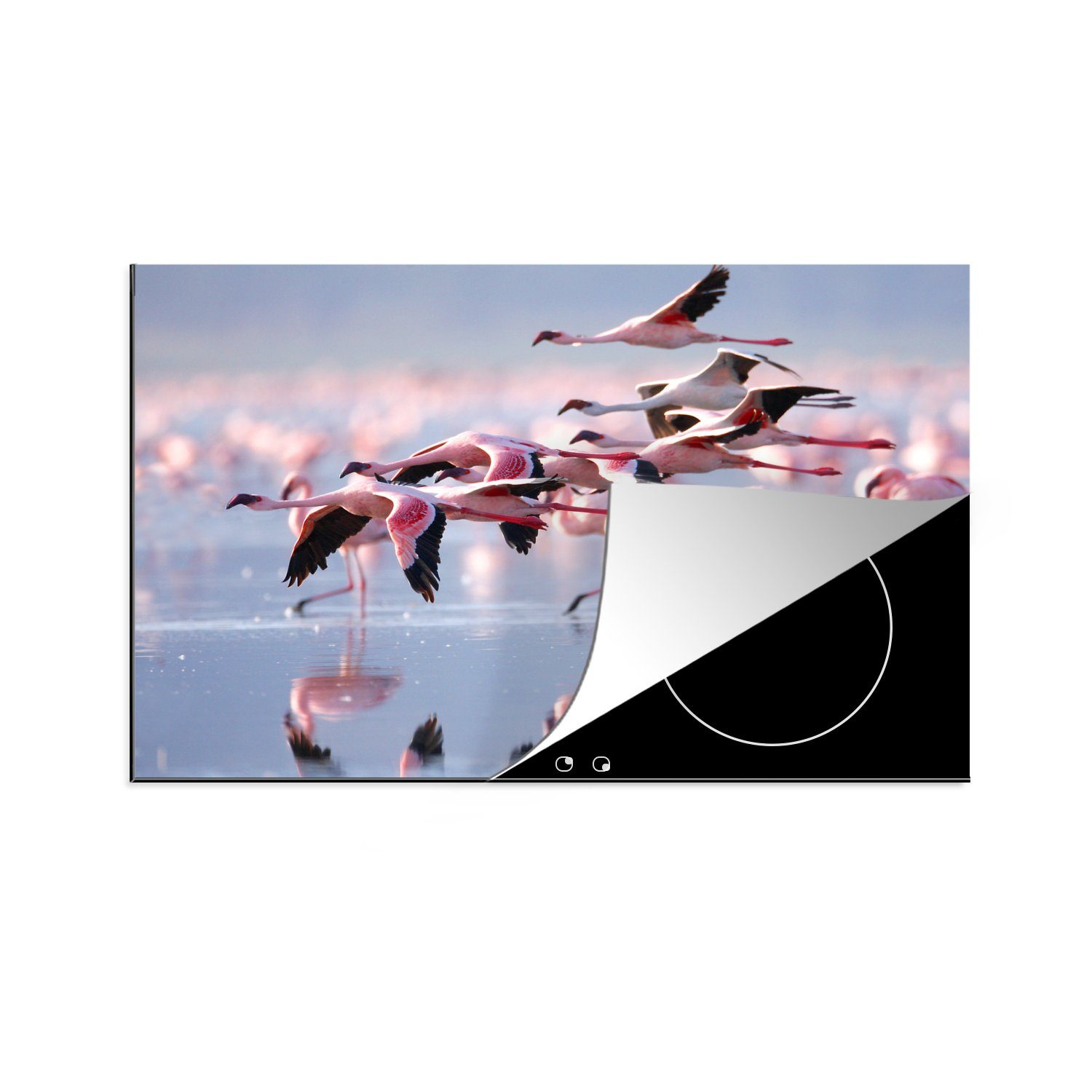 Schutz die MuchoWow tlg), Ceranfeldabdeckung (1 Flamingos auf Rosa Induktionskochfeld Herdblende-/Abdeckplatte Wasser, für cm, Vinyl, küche, 81x52 dem