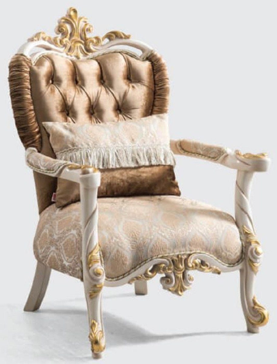 Casa Padrino Sessel Sessel - Barock Wohnzimmer elegantem / Prunkvoller Gold Muster Silber - Möbel Sessel / Barock Braun Weiß / mit Luxus