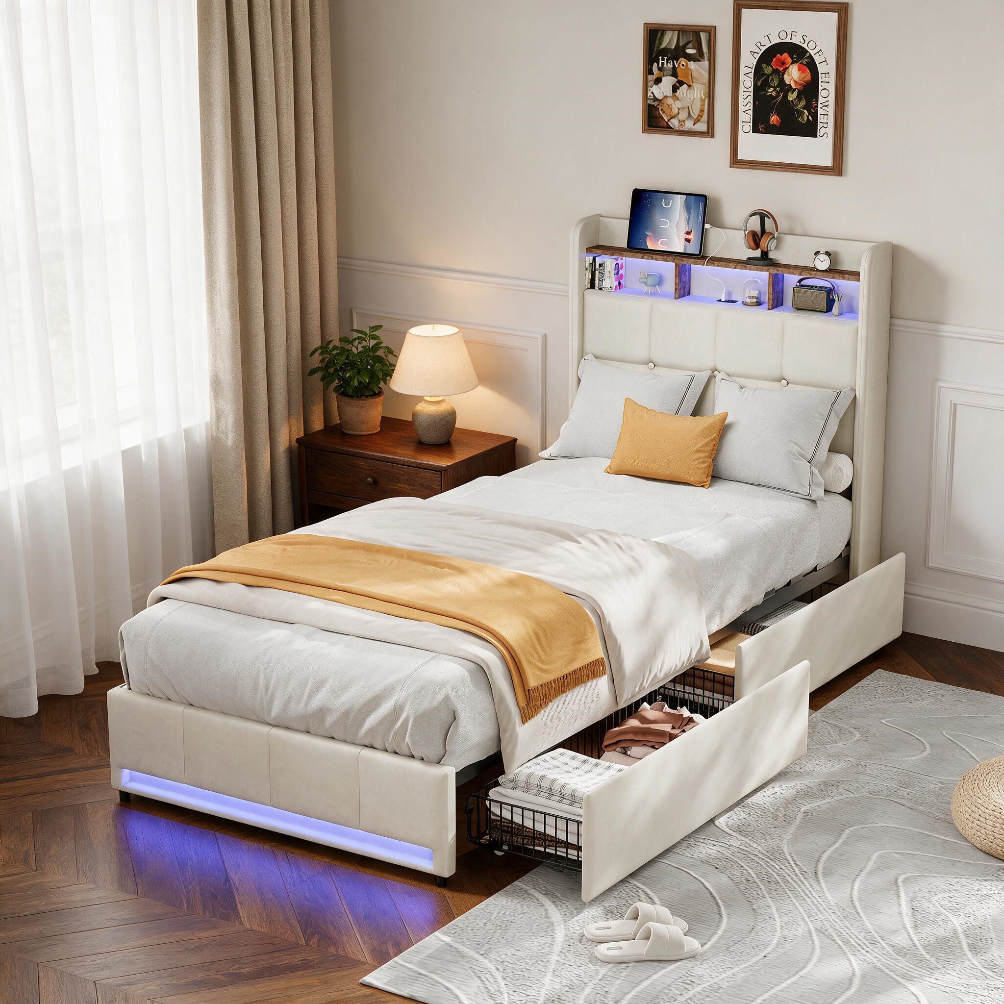 Simurq Einzelbett Polsterbett Einzelbett 90x200 cm mit 2 Schubladen, LED, USB, Leinen