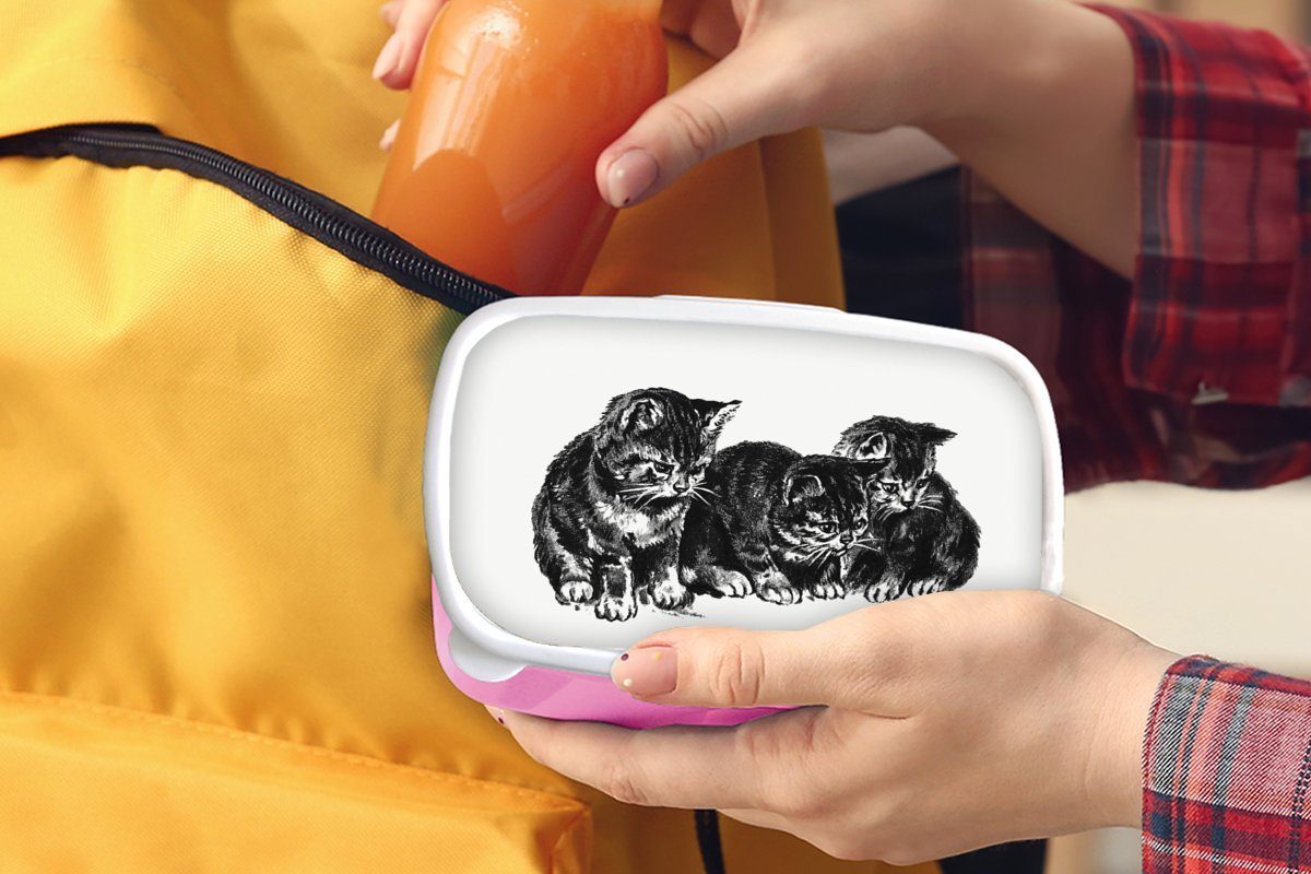 Kunststoff, - Retro Kinder, Brotdose Mädchen, MuchoWow Brotbox für Erwachsene, Snackbox, Kunststoff rosa (2-tlg), Lunchbox Tiere, - Katze