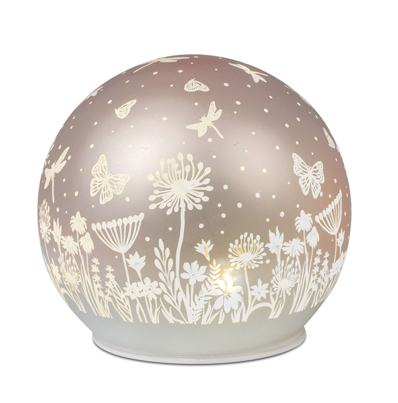 formano LED Dekolicht Deko Kugel Glas Peach Rosa 12cm matte Glasleuchte mit Blumen-Dekor, LED fest integriert