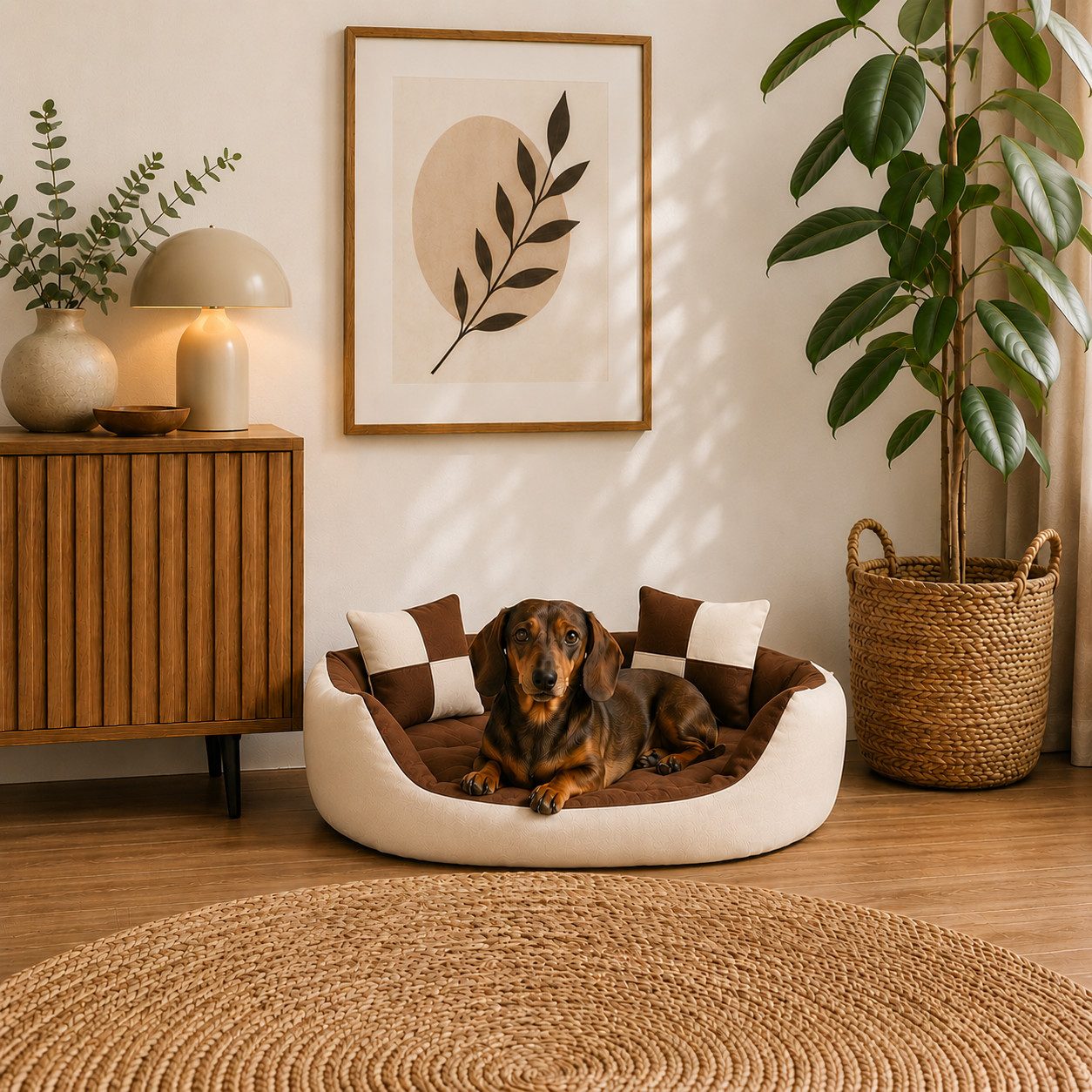 belviona Tierkissen, Hundekörbchen wasserabweisend, 65x50 cm, braun/beige, Oxford, Hundebett mit Wendekissen, tiefer Einstieg & 2 Spielkissen