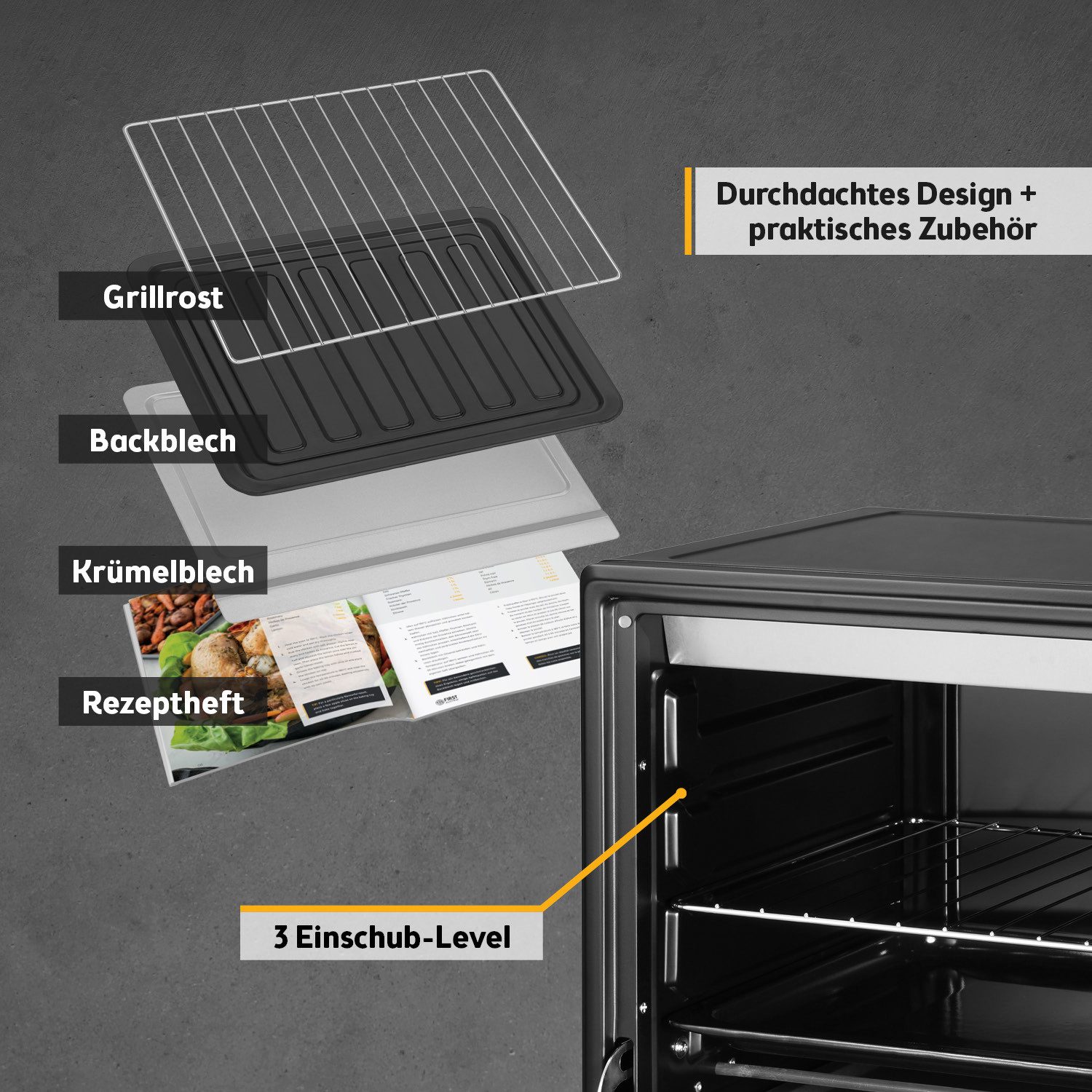 TZS FIRST AUSTRIA Minibackofen 35L 1600W, Premium-X Coating, stufenlose Temperaturregelung bis 230°C, 60 Min Timer, 3 Einschubhöhen, Doppelglastür, Umluftfunkti – Bild 5 von 5