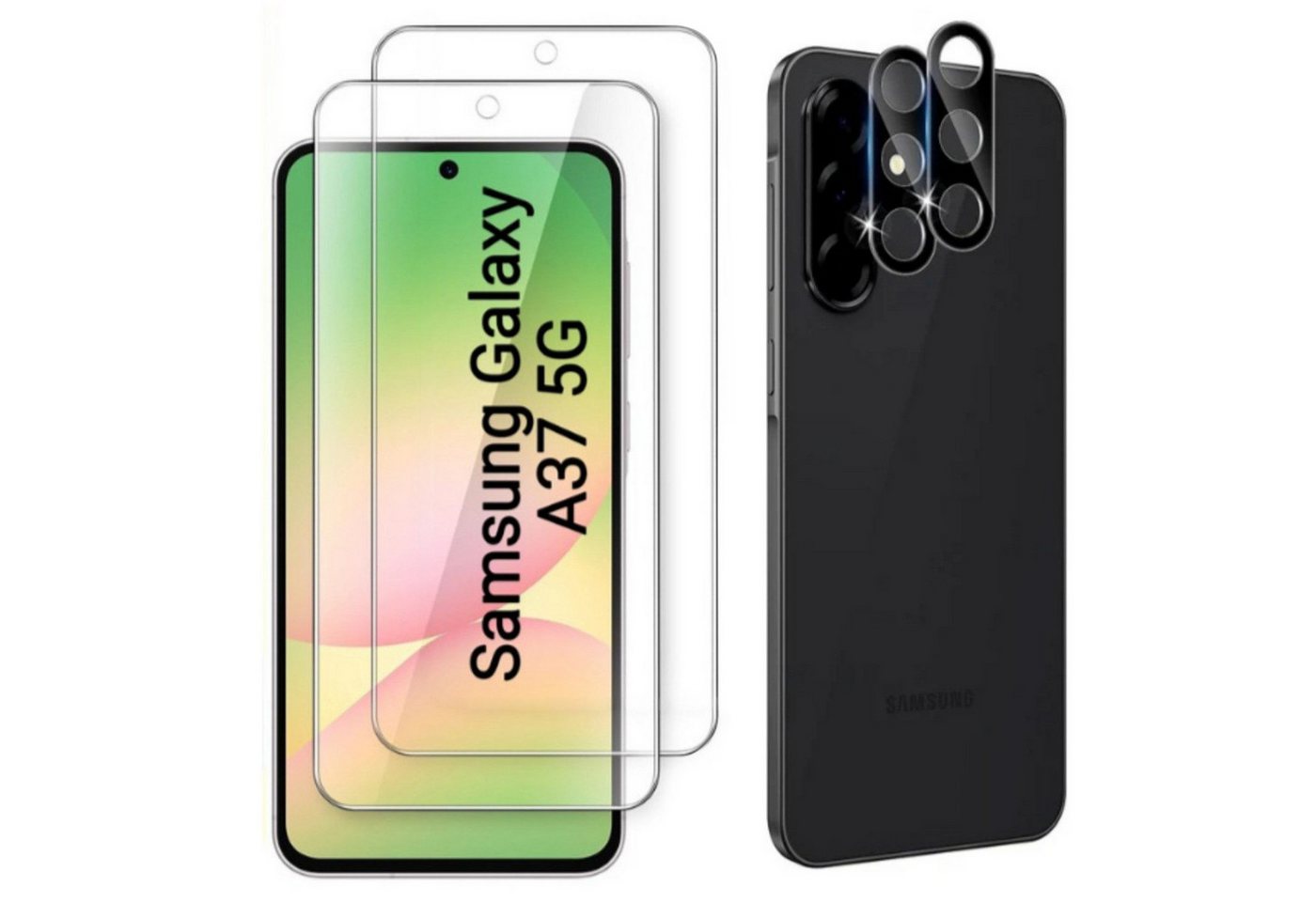 CLM-Tech Displayschutzglas 2X für Samsung Galaxy A37 5G, Panzerfolie 2X Kameraschutz 4er Set 9H Glas Folie, 4 Stück, Anti-Fingerabdruck und blasenfreie Anbringung