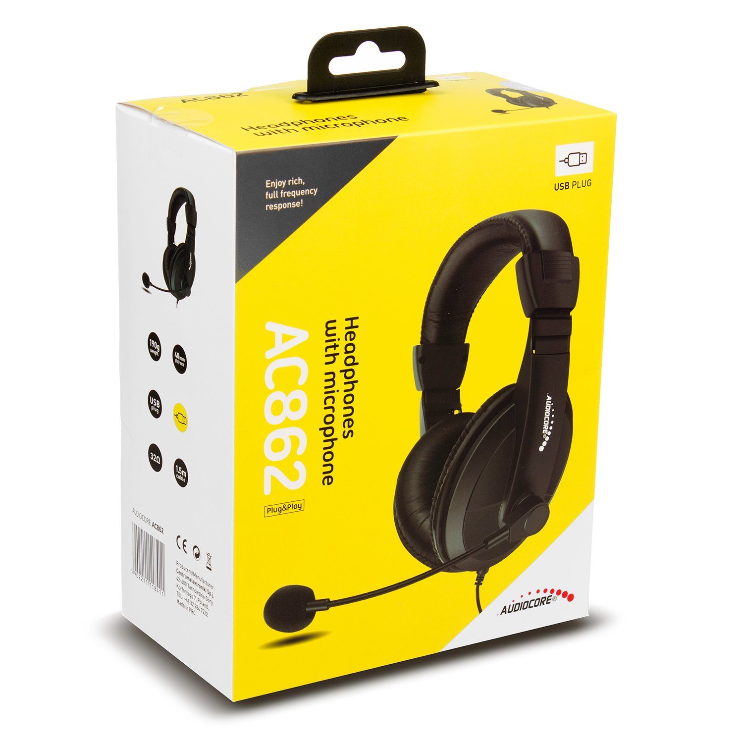 Audiocore USB-Anschluß AC862 [Plug&Play], Ø (mit 40mm) Membran: Mikrofon, On-Ear-Kopfhörer