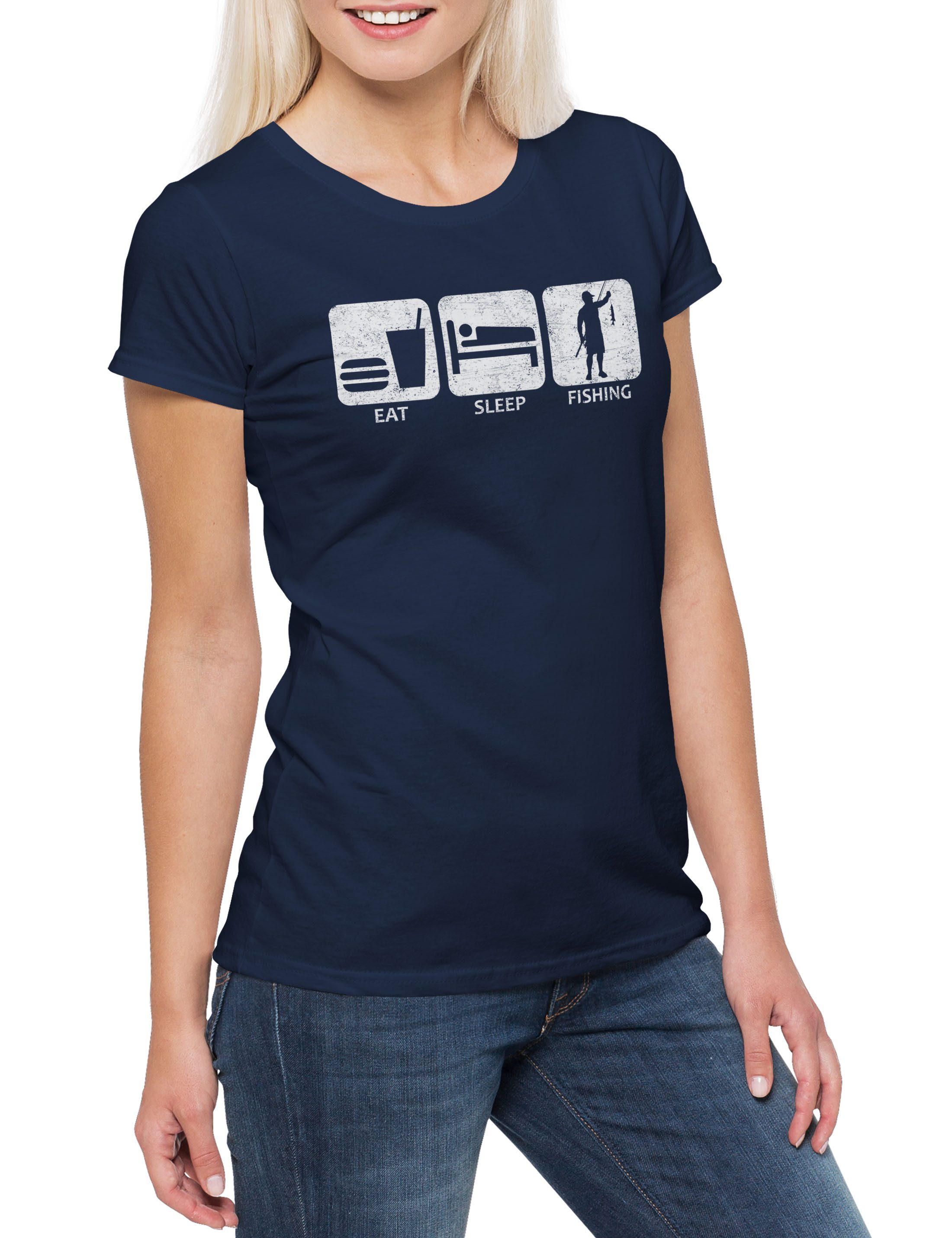 Print-Shirt Eat Sleep Fishing Damen T-Shirt Sport Sports Fischen Angeln Angler