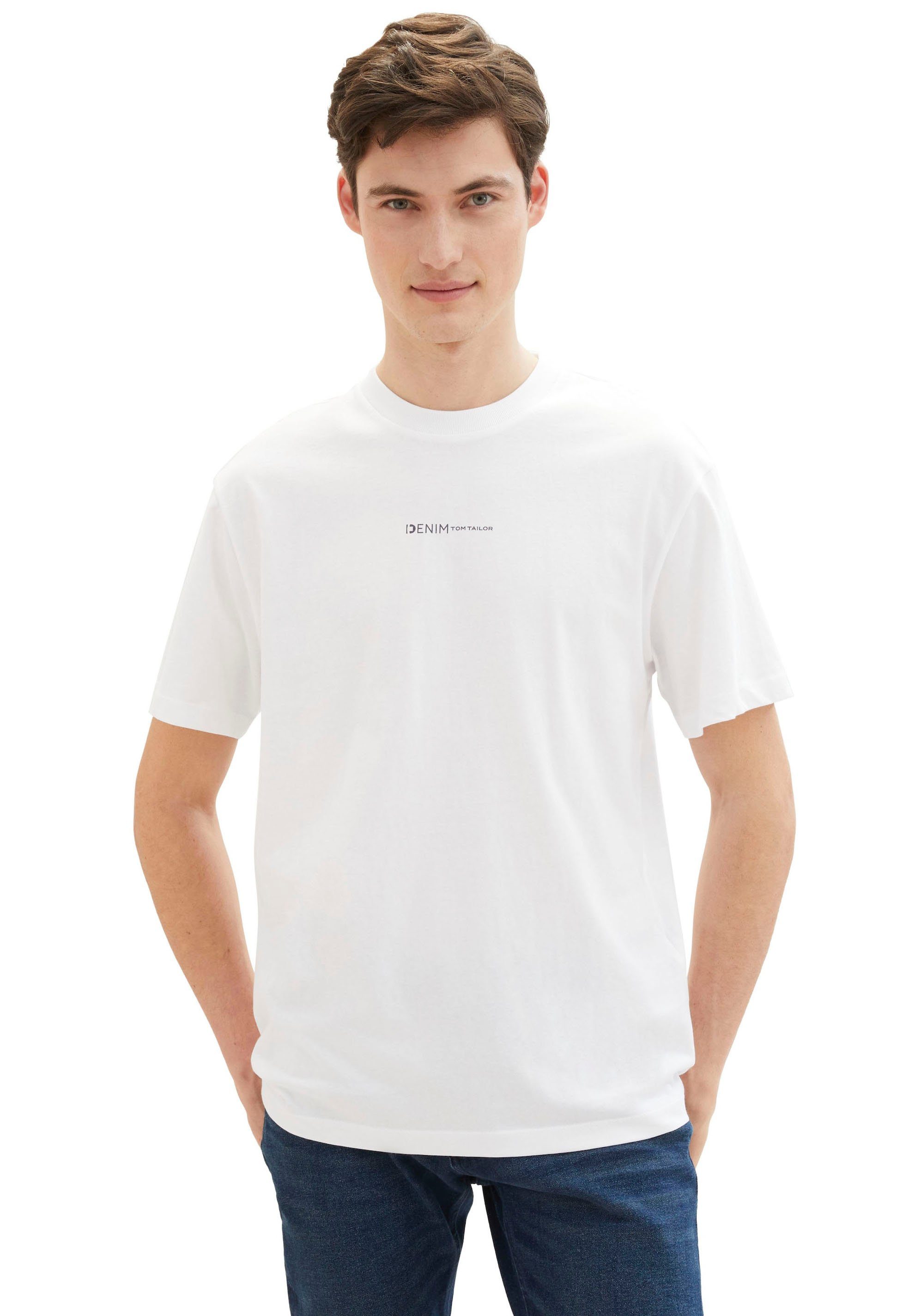 TOM TAILOR Denim Rundhalsshirt mit Logo-Print und aus reiner Baumwolle