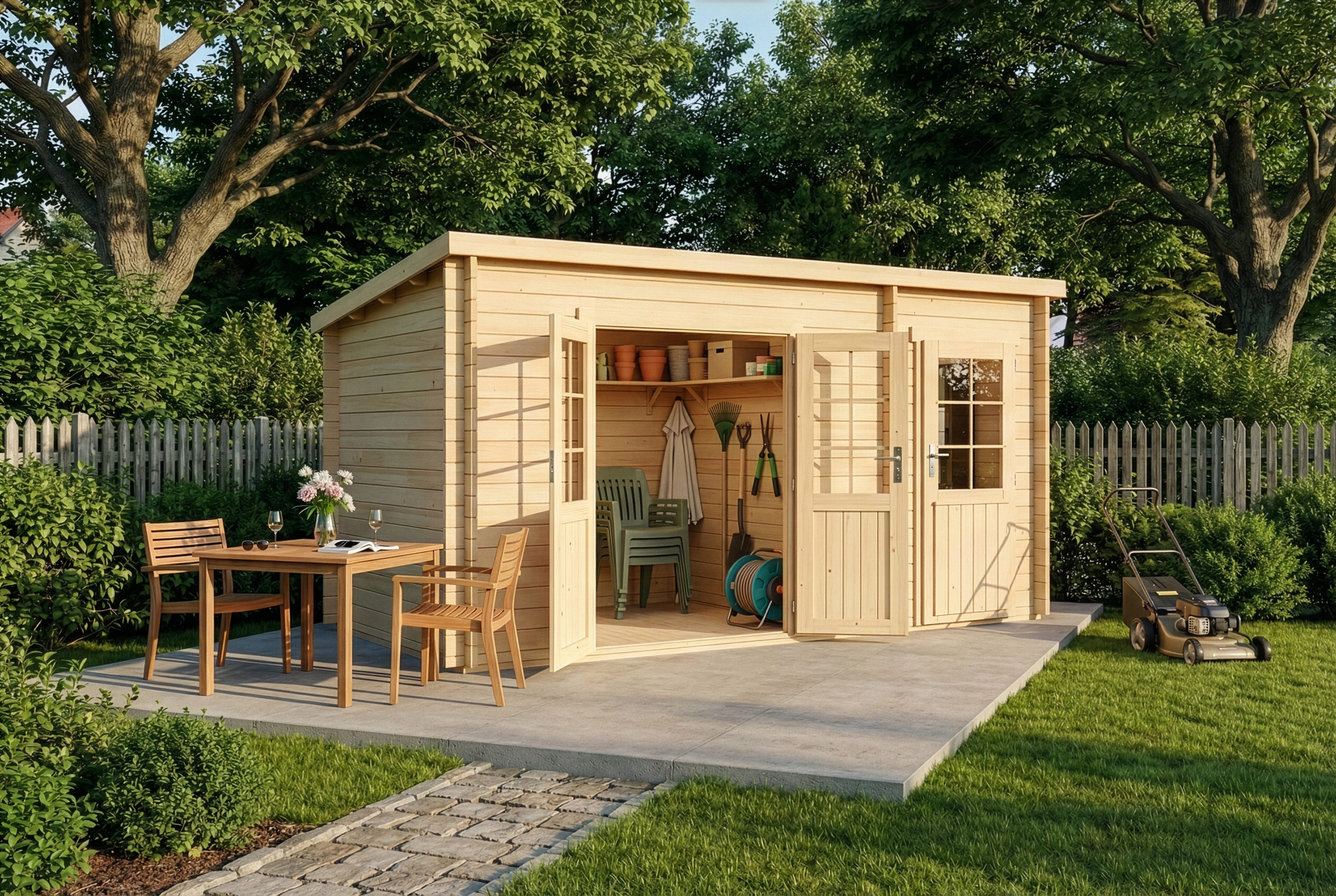 Alpholz Gartenhaus Holz Maria mit Anbau, BxT: 450x272 cm, in Naturbelassen mit 28mm Wandstärke