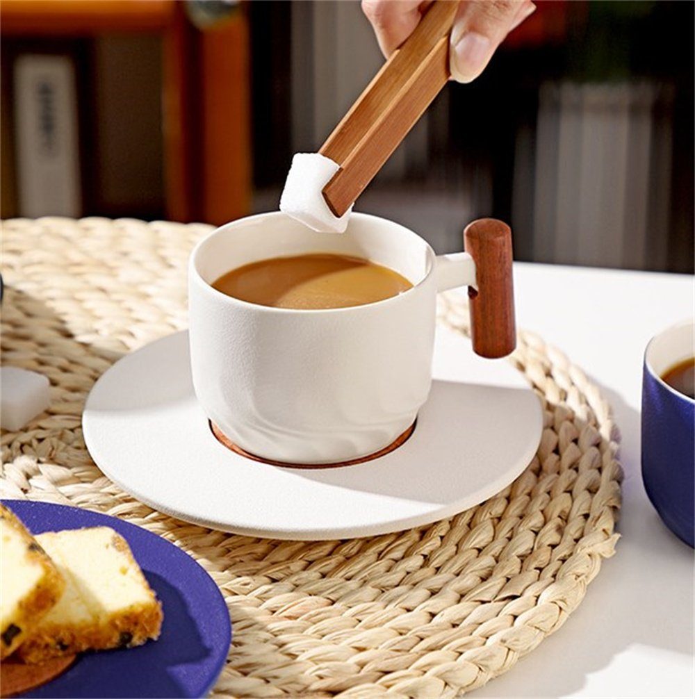 Dekorative Kaffeeservice Keramik Kaffeebecher Set, Holzgriff Cappuccino Unterteller, Tassen Blau mit (1-tlg)