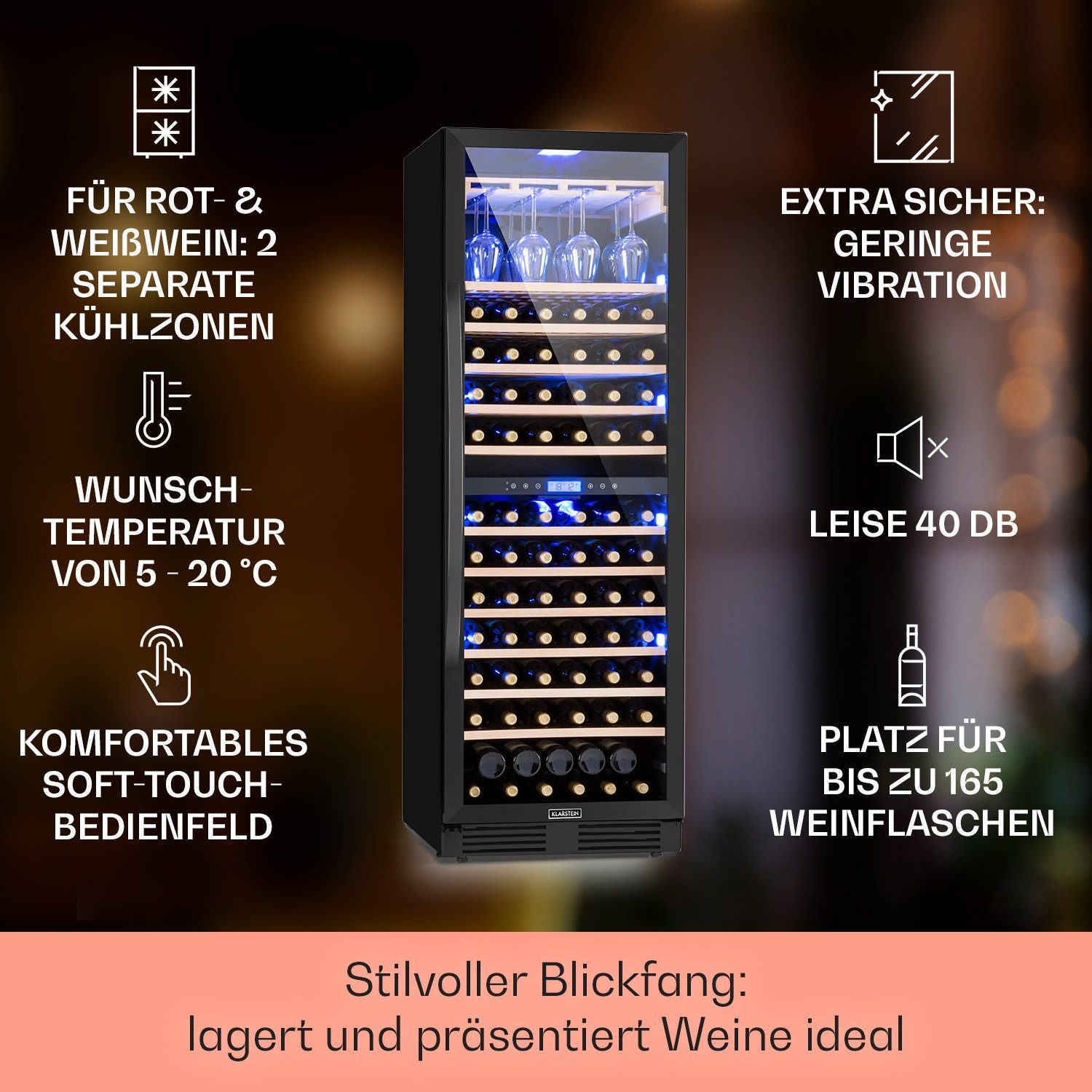 Klarstein Weinkühlschrank Vinovilla Grande 165 Built-in Duo Onyx Weinkühlschrank 425L 165 Fl, für 162 Standardflaschen á 0,75l,2 Zonen Wein Flaschenkühlschrank Weintemperierschrank Kühlschrank