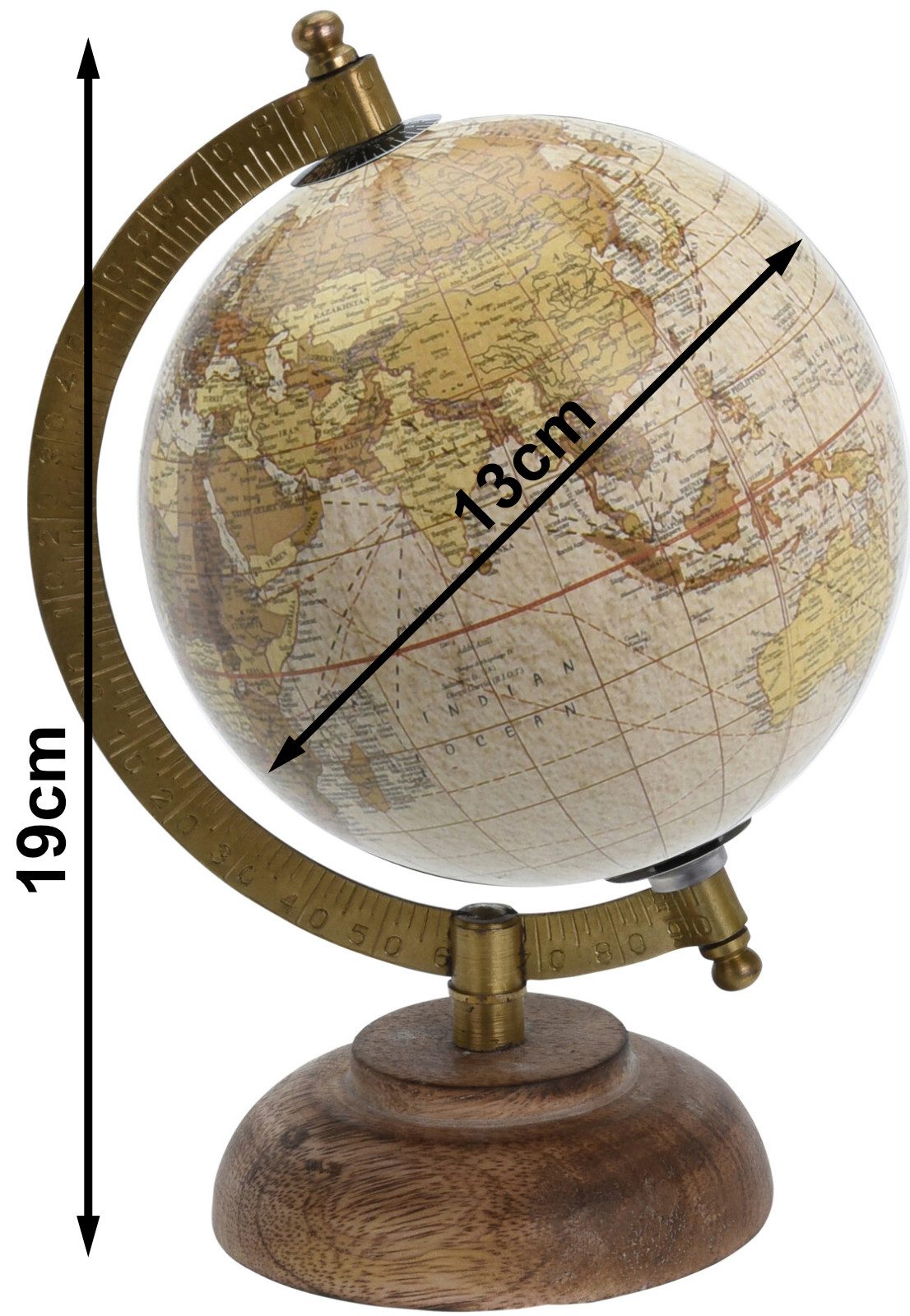 Koopman Globus Tischglobus 19 cm Hoch Weltkarte Holzfuß Metallring Ø 13 cm, (1-tlg), Dekorativ, Erdball, 1:68.000.000 Maßstab