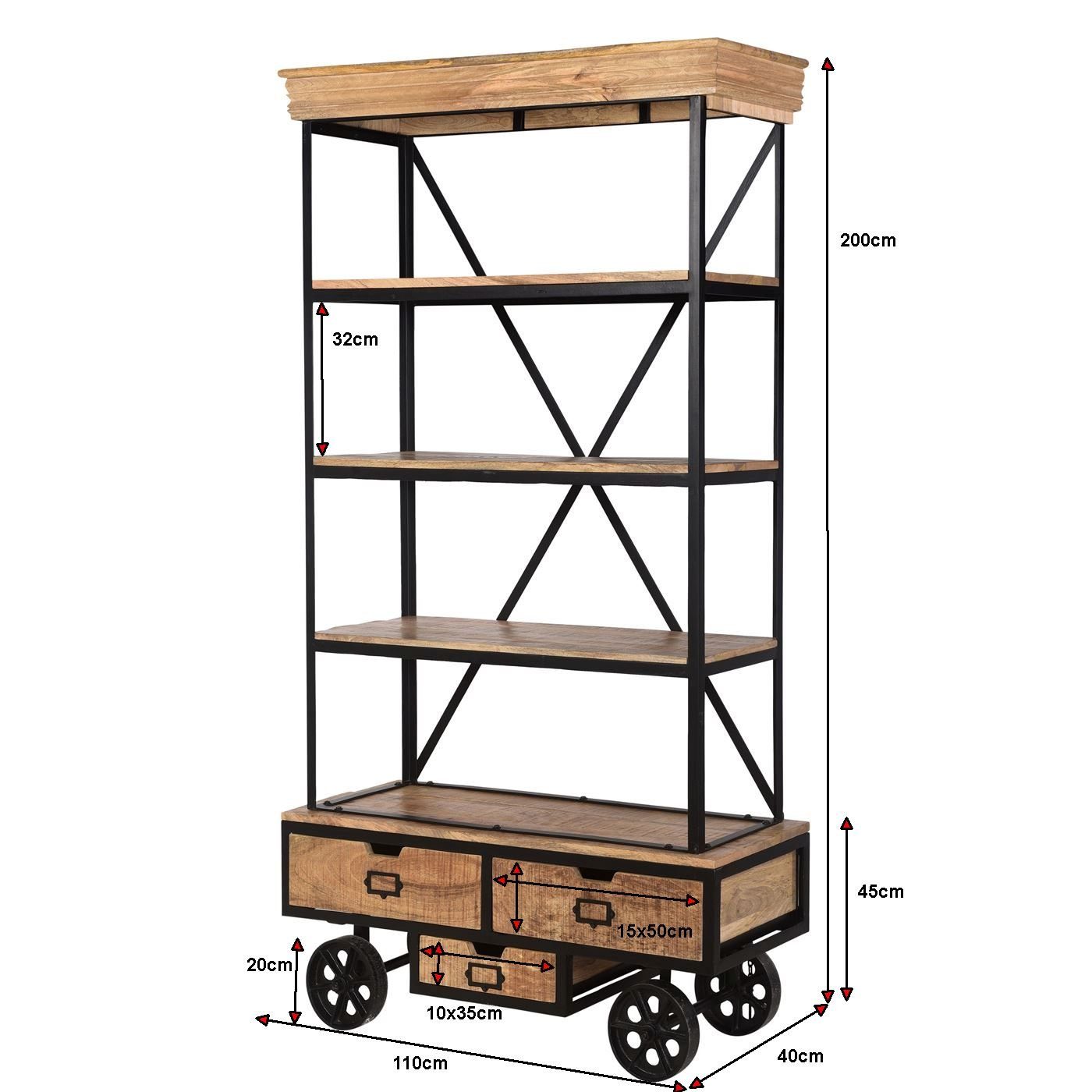 Design ENZO Mangoholz massiv Rollen, Bücherregal baario Standregal Eisen & Industrial