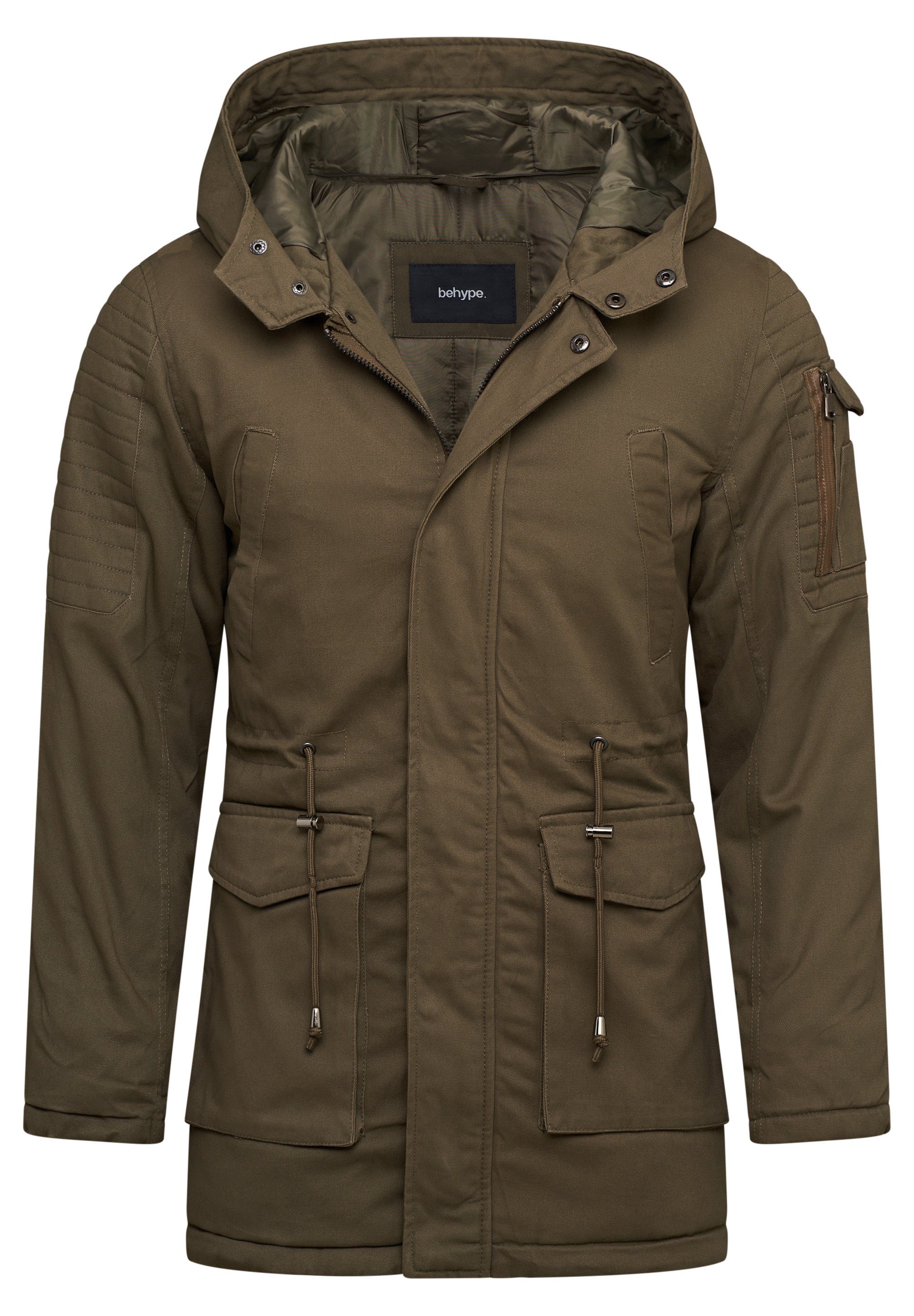 Khaki Kapuze behype mit BHKASILOF Parka Biker-Stil Wintermantel Winterparka Winterjacke