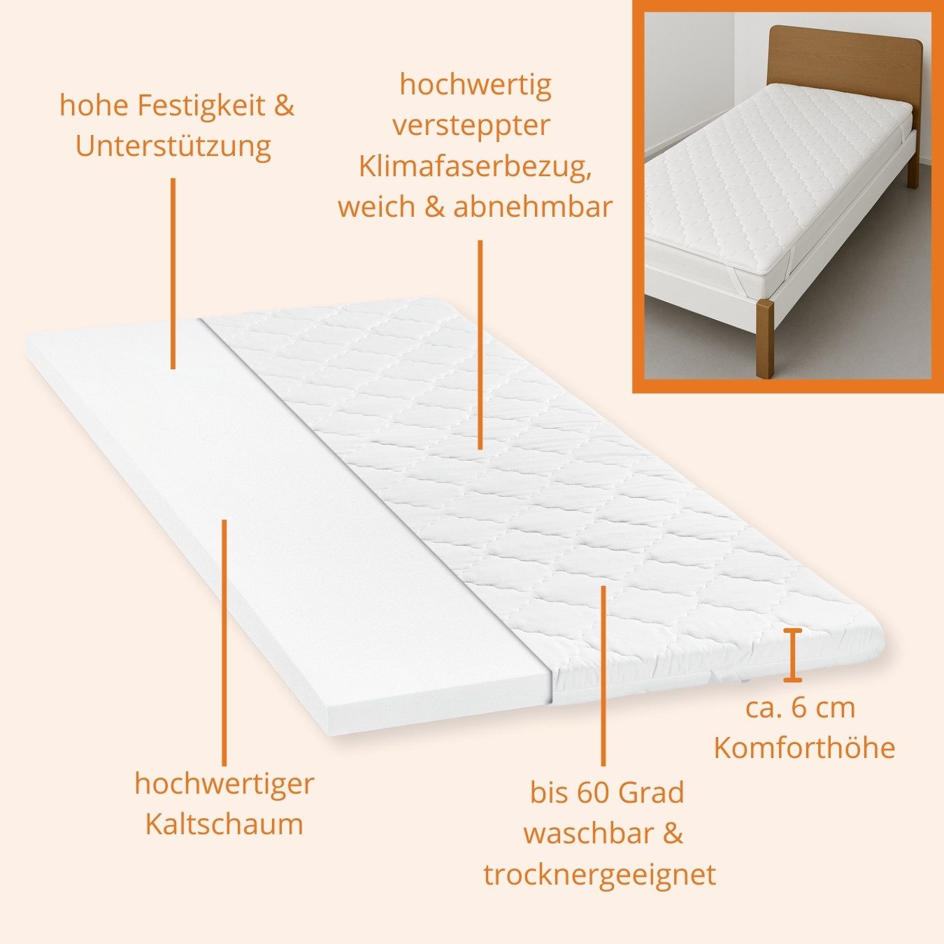 sleepling, Topper aus Kaltschaum, orthopädische Matratzenauflage, 6 cm hoch, Kaltschaum, Matratzentopper, Boxspringmatratzen und Boxspringbett geeignet