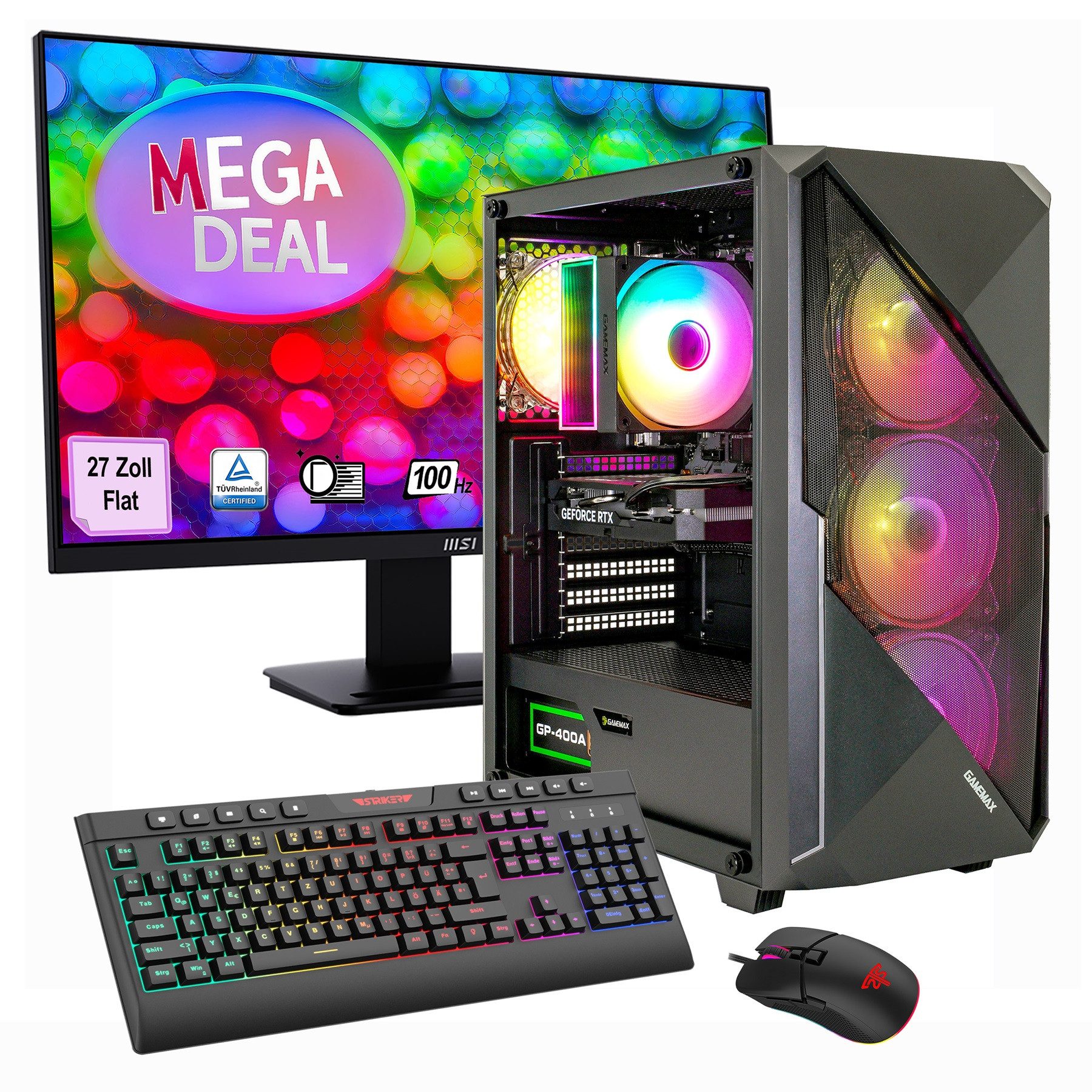 GAMEMAX MegaDeal Striker SET2625 PC-Komplettsystem (27", AMD Ryzen 5 7500F, RTX 5060, 32 GB RAM, 1000 GB SSD, Windows 11, DDR5 RAM + MSI PRO MP273A Monitor, 69cm (27)