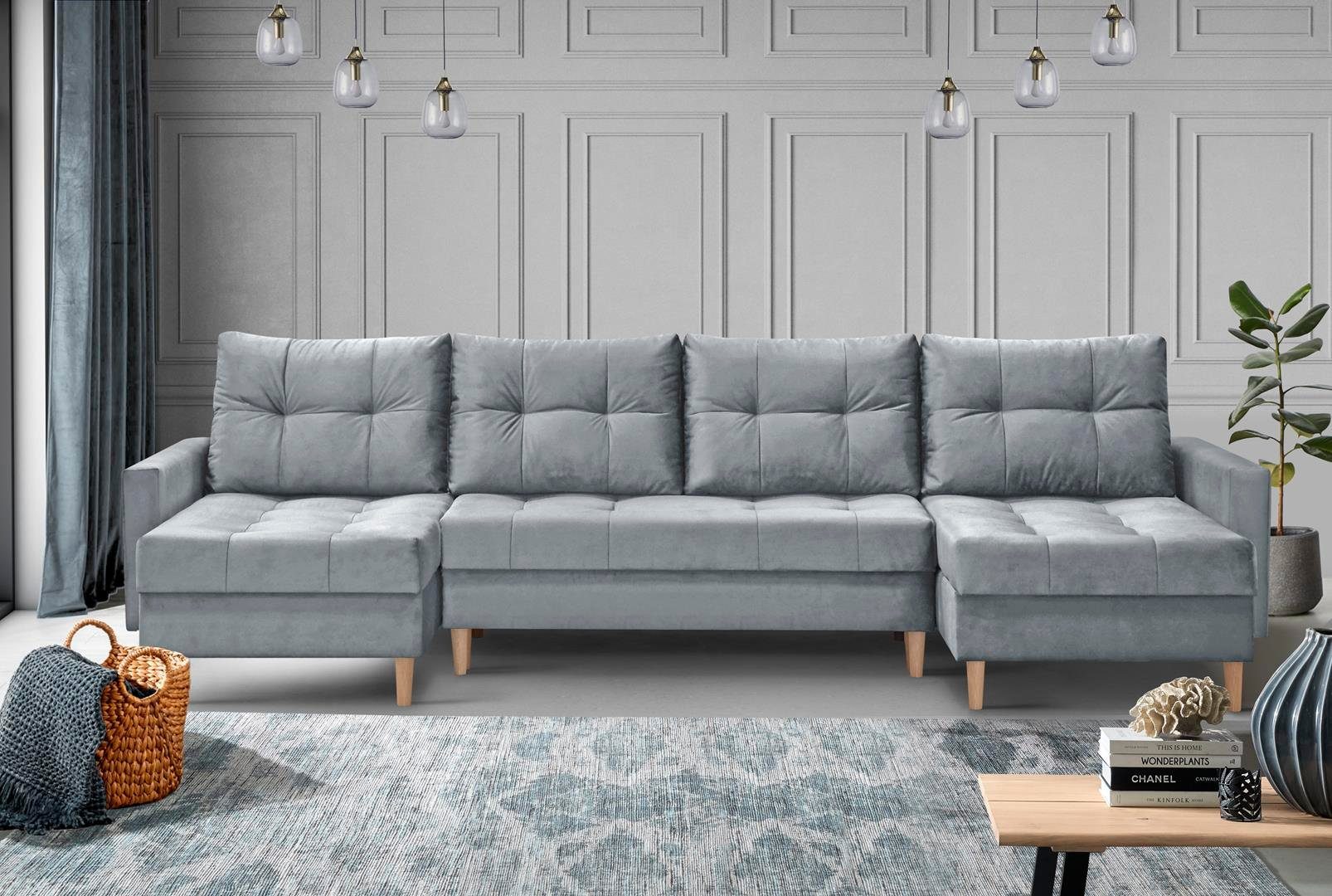 Schlaffunktion Beautysofa Ecksofa Ecksofa 05) grau HALANT Kissen und + U Bettkasten, Velour Sofa, mit (paros