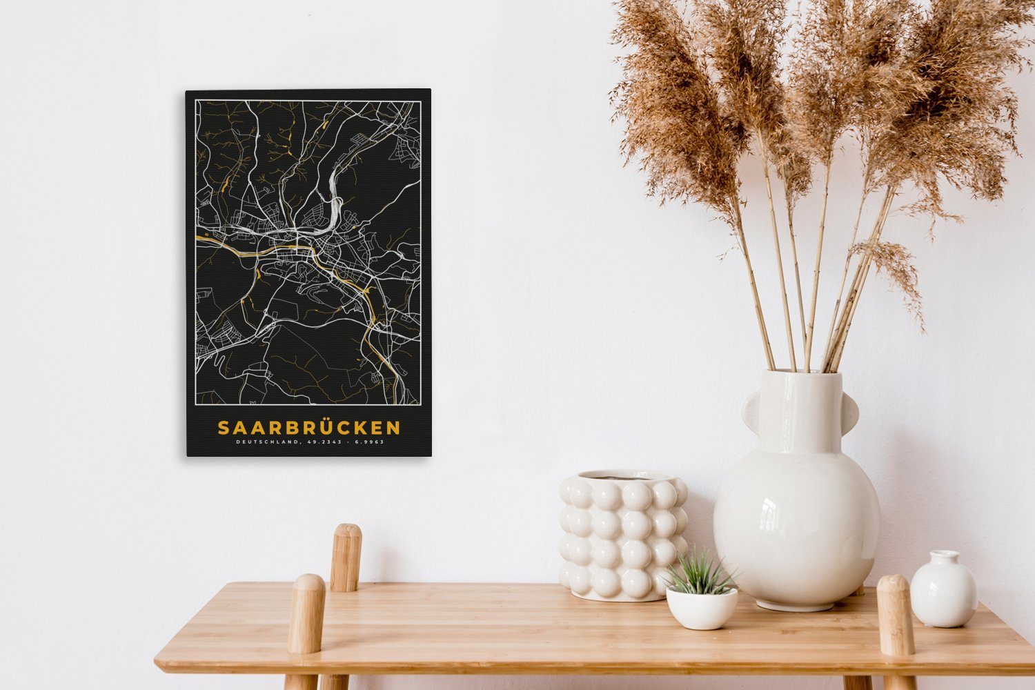 20x30 Gemälde, Saarbrücken Karte inkl. Gold - - - Stadtplan Leinwandbild fertig - bespannt Zackenaufhänger, OneMillionCanvasses® cm St), Deutschland, (1 Leinwandbild