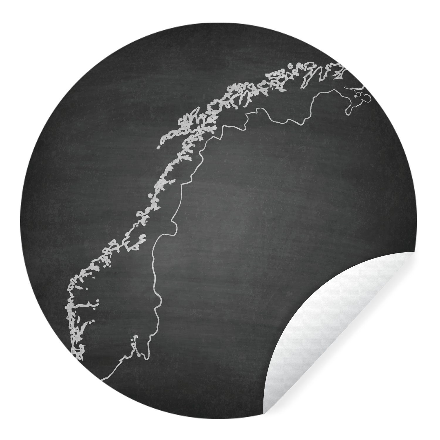 MuchoWow Wandsticker Illustration von Norwegen in Schwarz-Weiß auf einer Kreidetafel (1 St), Tapetenkreis für Kinderzimmer, Tapetenaufkleber, Rund, Wohnzimmer