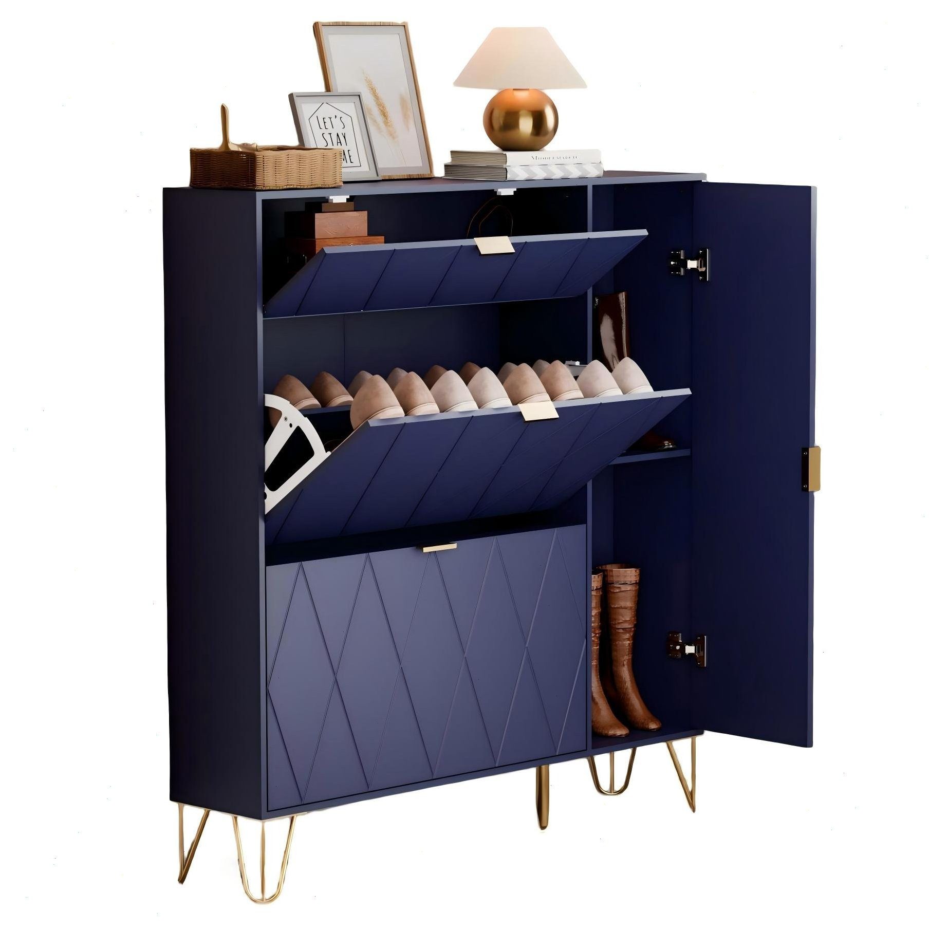 UEV Schuhschrank mit 4 Klappen schmal Schuhkipper Schuhregal (105x24x120cm) verstellbare und herausnehmbare Trennwände für verschiedene Schuhtypen