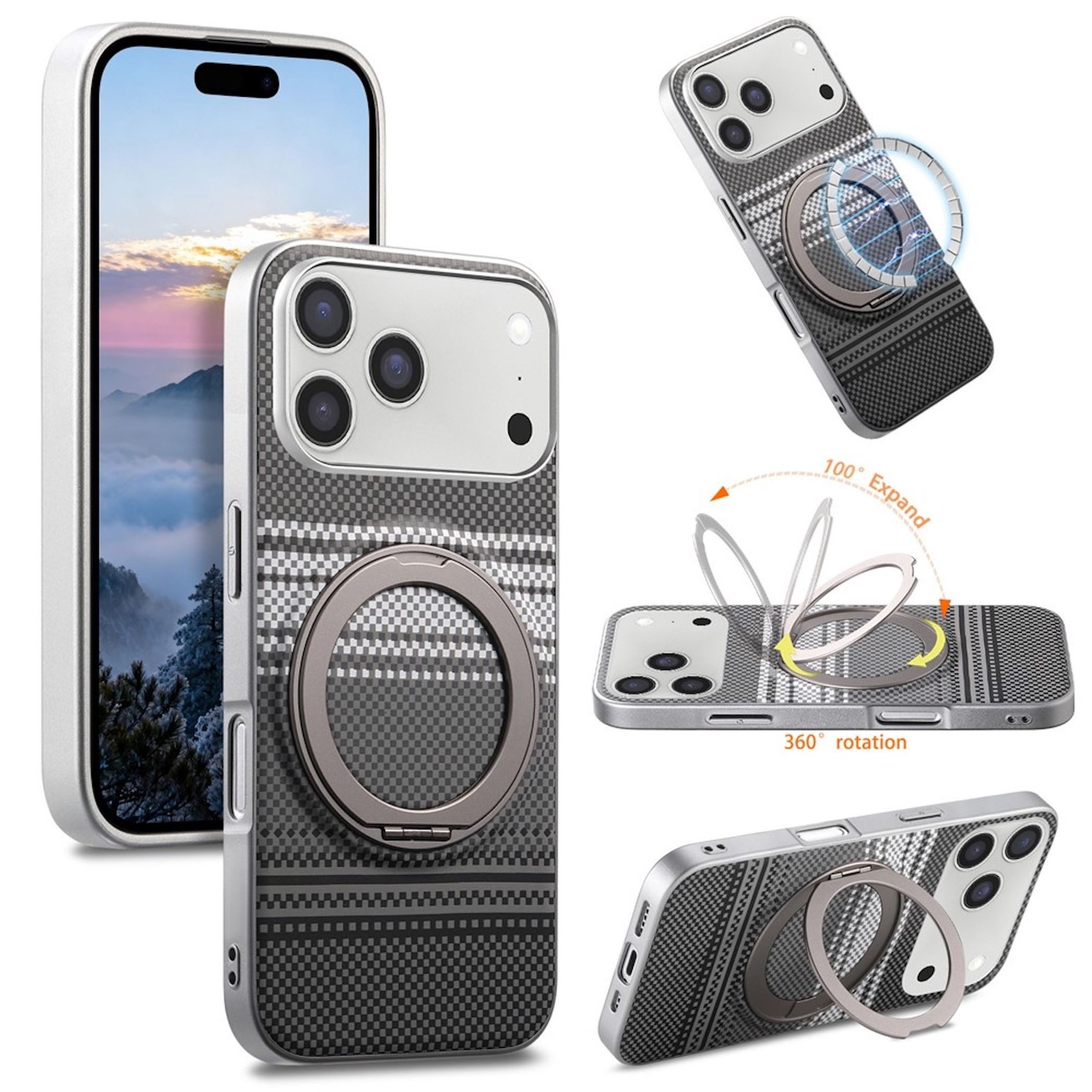 Wigento Handyhülle MagSafe für Apple iPhone 18 Pro / 17 Pro 360 Grad Ringhalter Ständer 6,3 Zoll, 360 Grad Ringhalter, Magnetring, Carbon Struktur