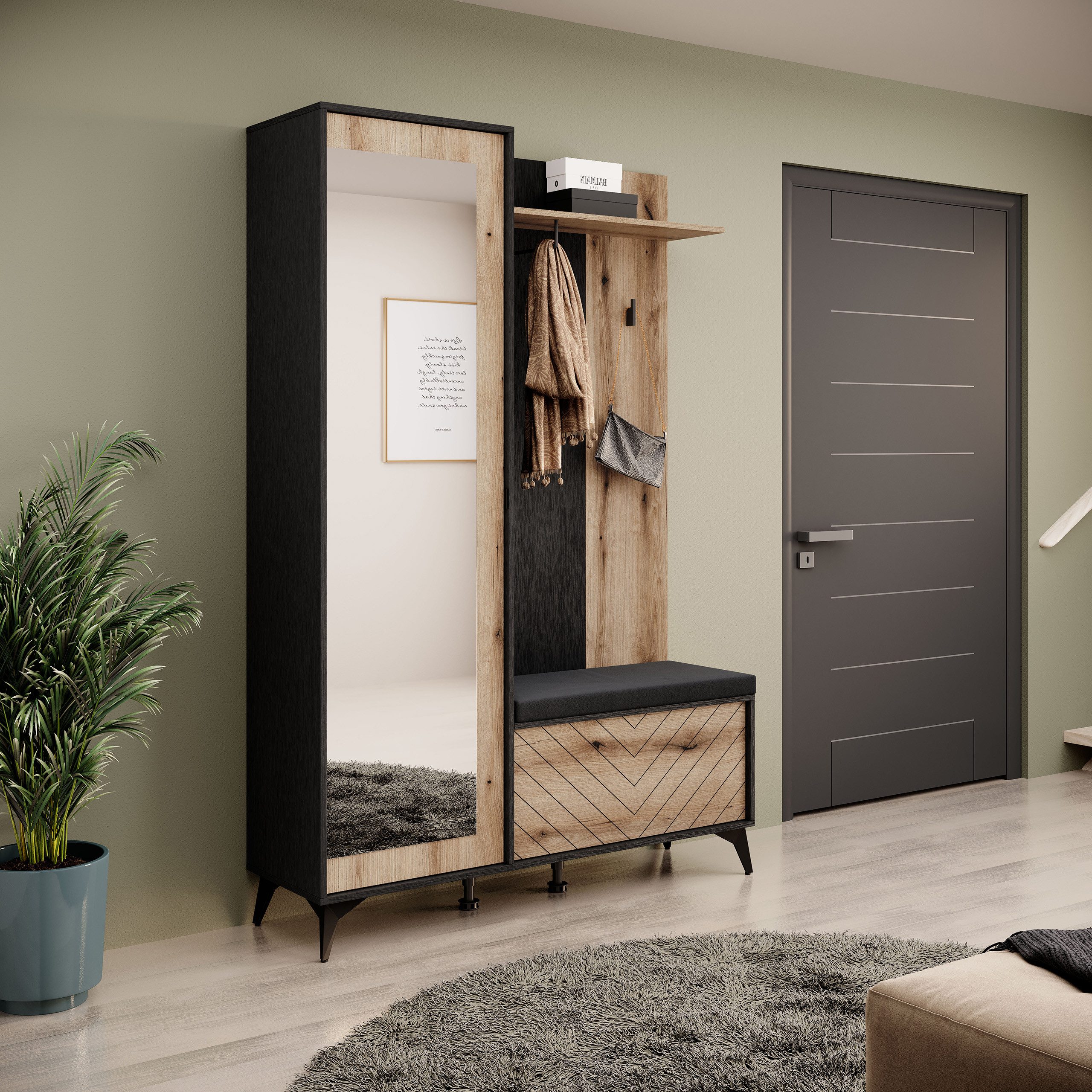 Masseno Garderobenschrank DIAMANTE 134 x 197 cm Flurmöbel mit Spiegel und 2 Türen Schwarz