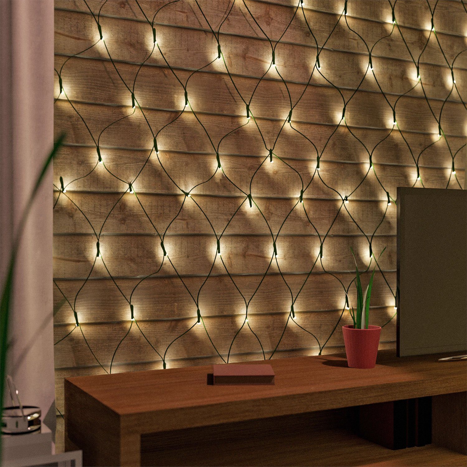 Mojawo Lichtervorhang 100 LED-Lichternetz warmweiß Innen & Außen Batterie Timerfunktion